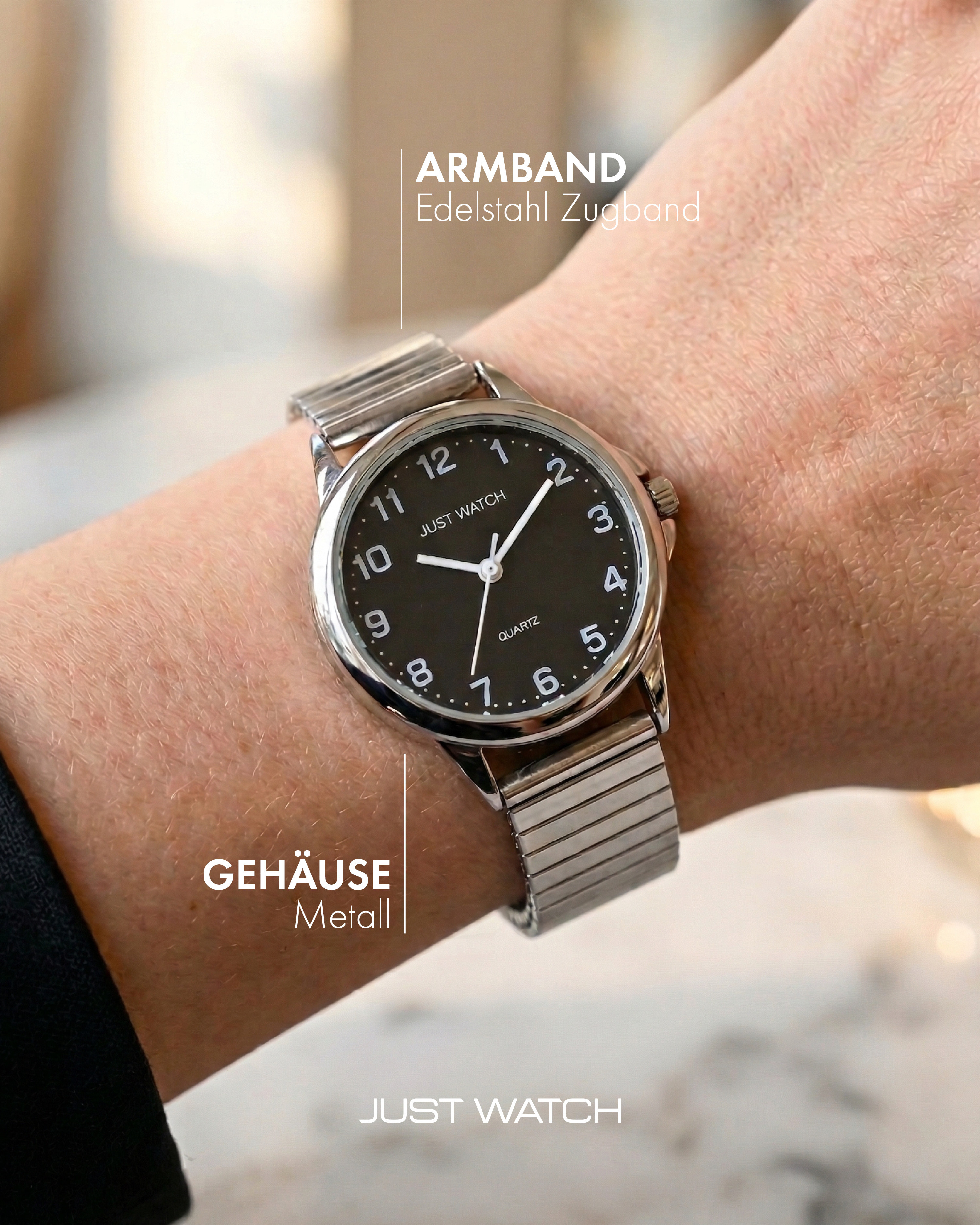 JUST WATCH "Angelique" Damenuhr Ø 29 mm Edelstahlzugband, silberfarben/ schwarz