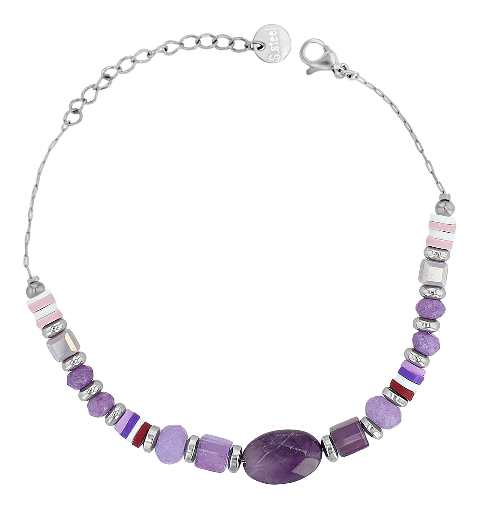 "Lowy" Akzent Edelstahlarmband mit Naturstein (Amethyst), 16,5 + 3 cm