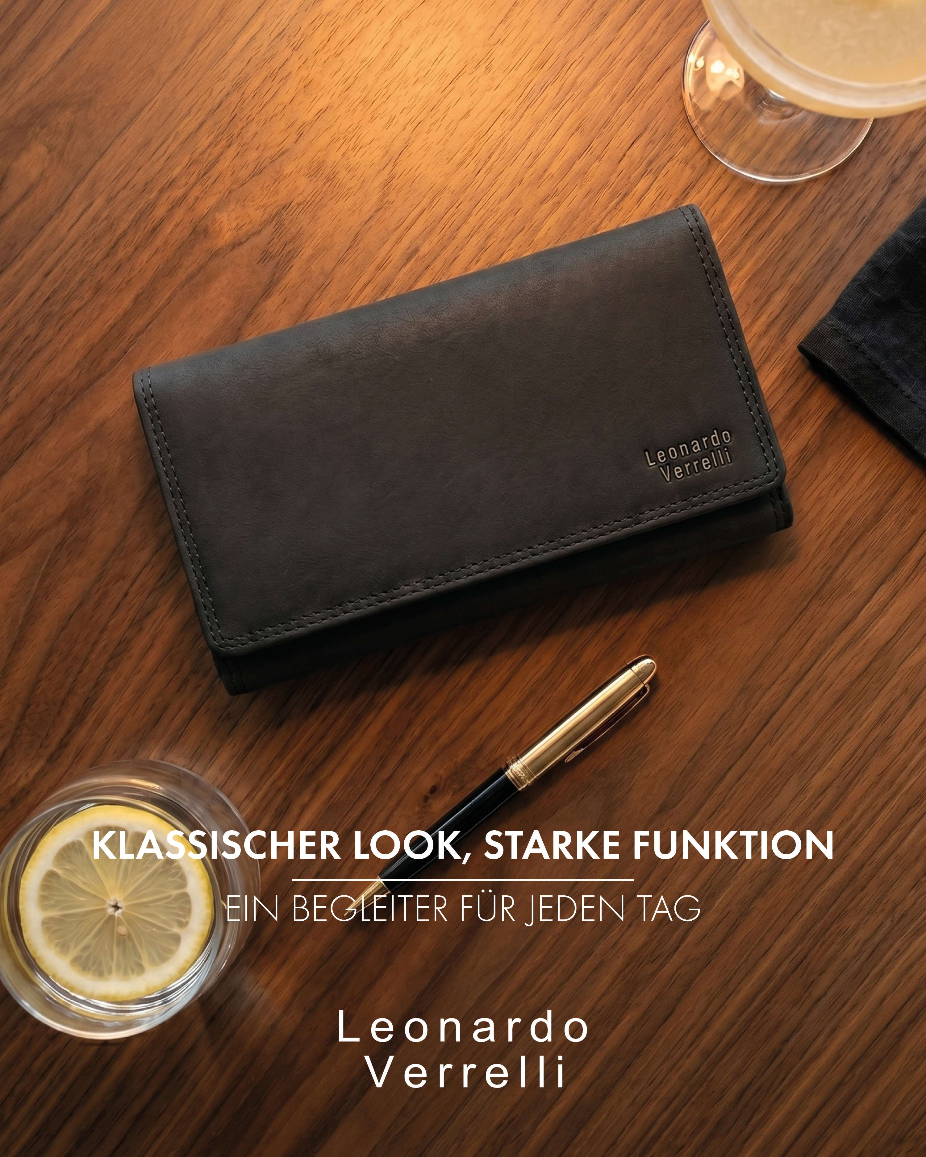 Leonardo Verrelli Echtleder (Hunter) Damen Geldbörse, Querformat, RFID, schwarz