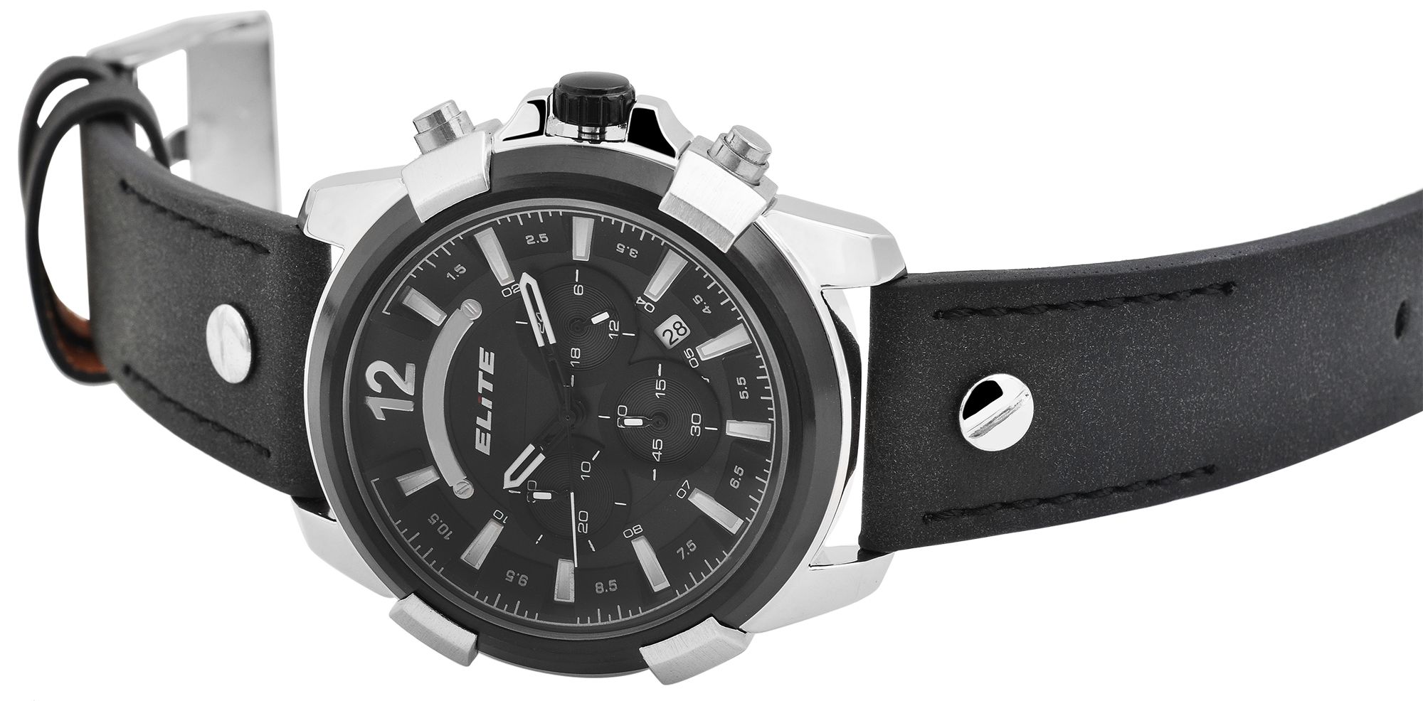 Elite Herren Chronograph mit Lederimitationsband, 3ATM, Schwarz/ silberfarbig