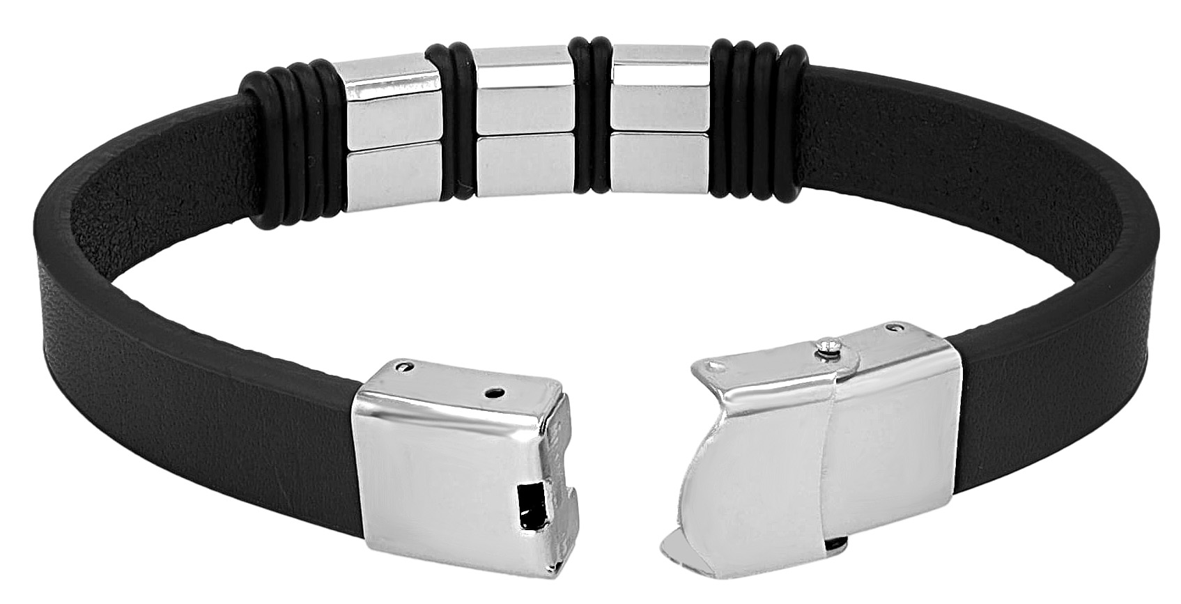 "Nadim", Akzent Armband, Echtleder & Edelstahl, Hakenverschluss, schwarz/silberfarben, 21 cm