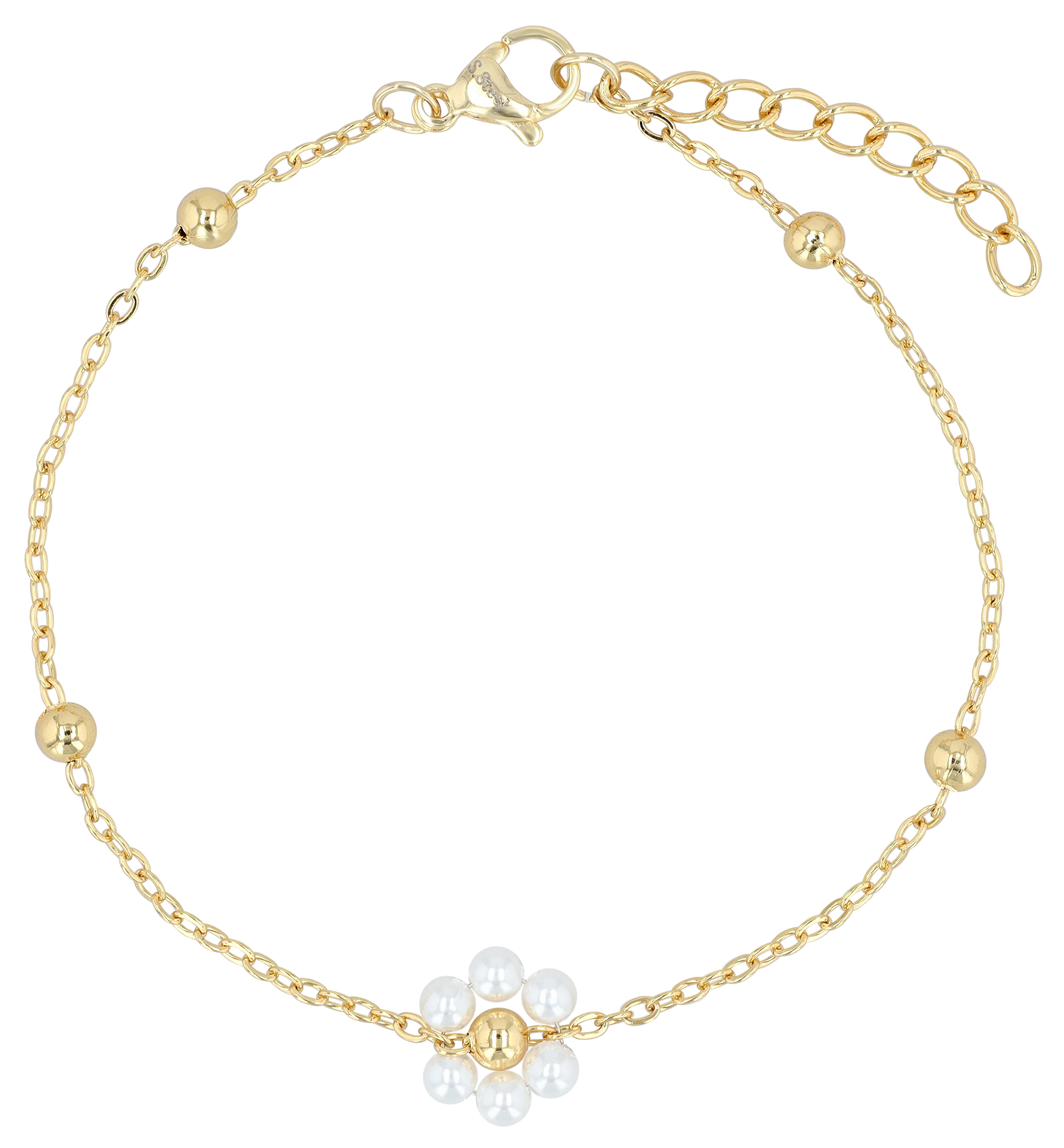 "Rojana" Armband (17+3 cm), Edelstahl/ Glasperle, Blüte, goldfarben