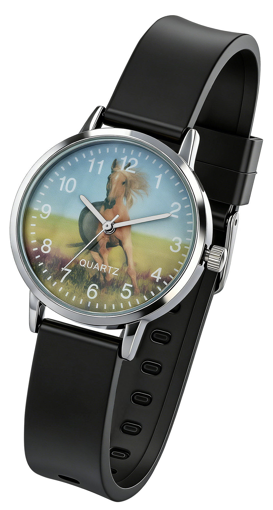 Excellanc Damenuhr/ Jugenduhr "Pferd“ Ø 32 mm, schwarzes Silikonband