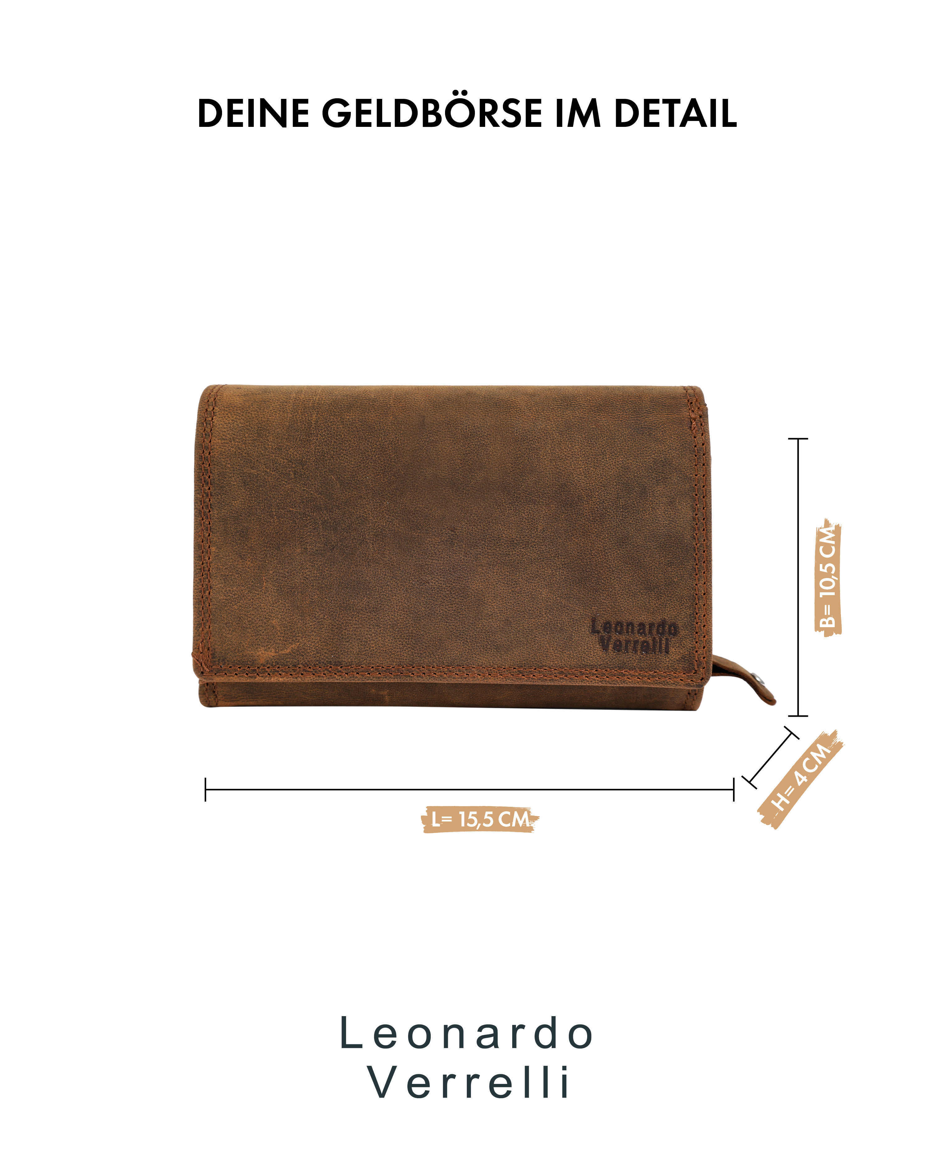 Leonardo Verrelli Echtleder (Hunter) Damen Geldbörse, Querformat, RFID, braun