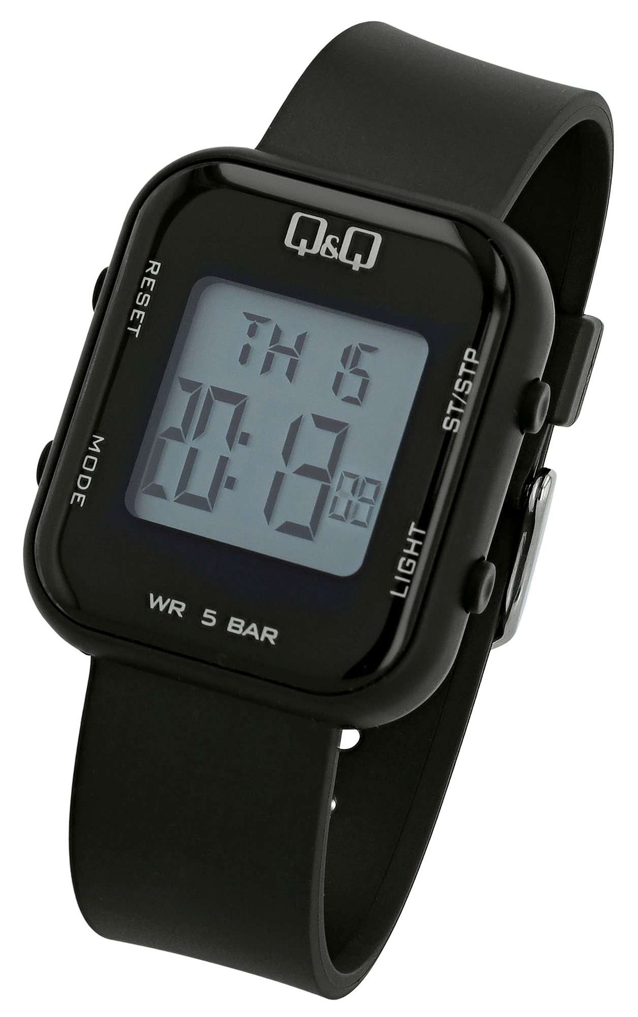 Q&Q Unisex Digitaluhr, Kunststoff, Resinband, schwarz, 5 ATM, 40 x 34 mm