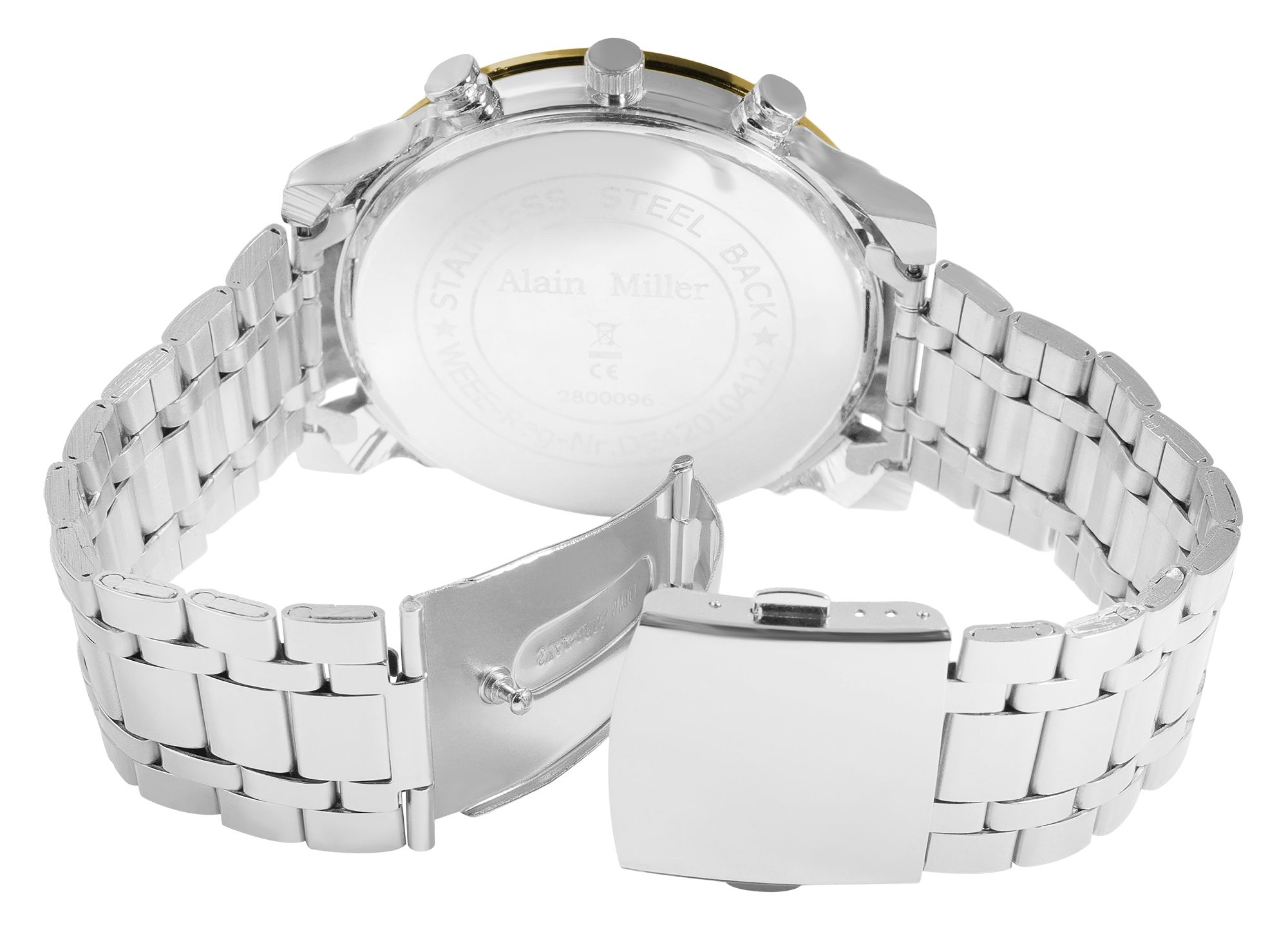 Alain Miller Herrenuhr mit Edelstahlband, silberfarbig/ goldfarbig/ schwarz