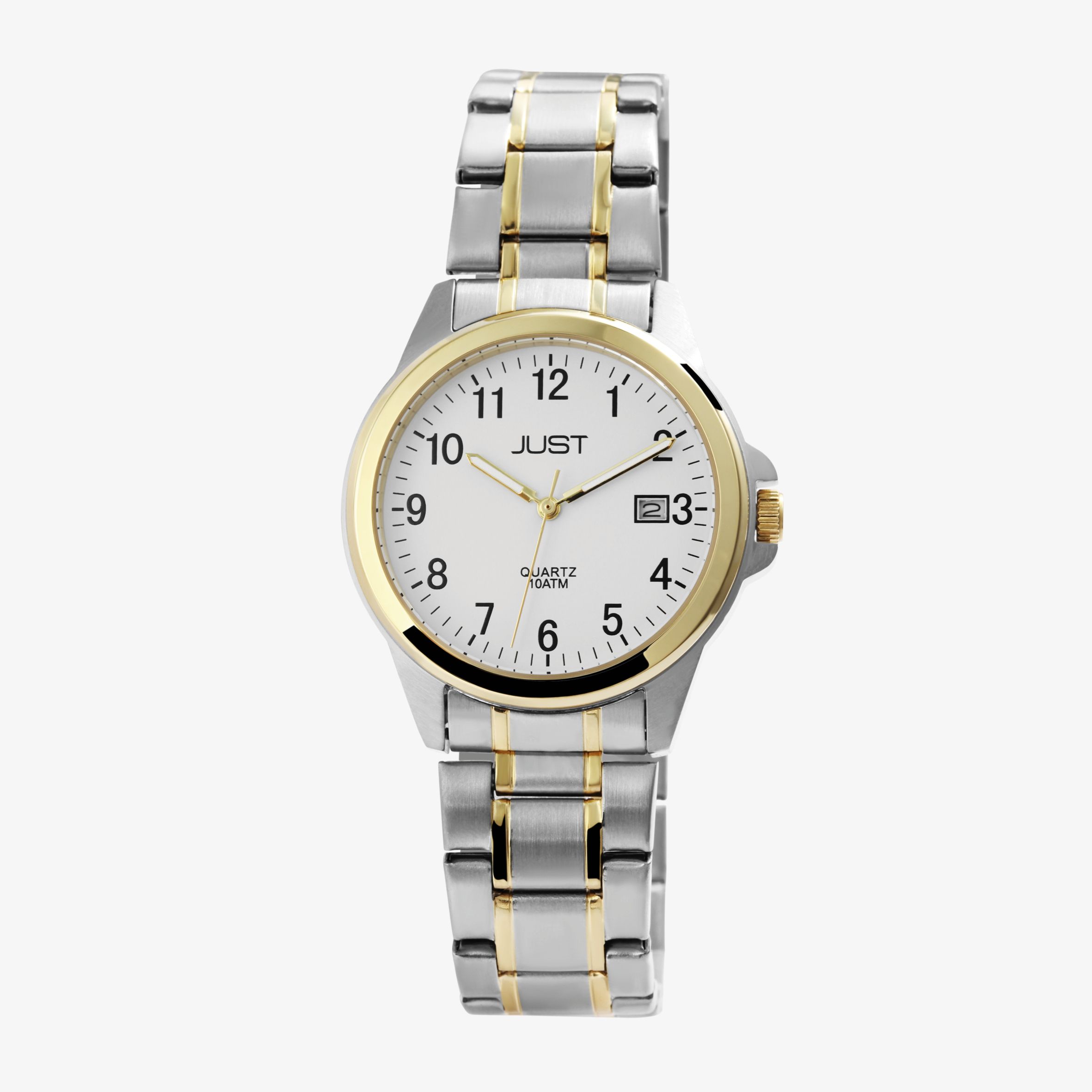Just "Baroon" Herrenuhr mit Edelstahlband, 3-Zeiger, Datumsanzeige, bicolor, weißes ZB