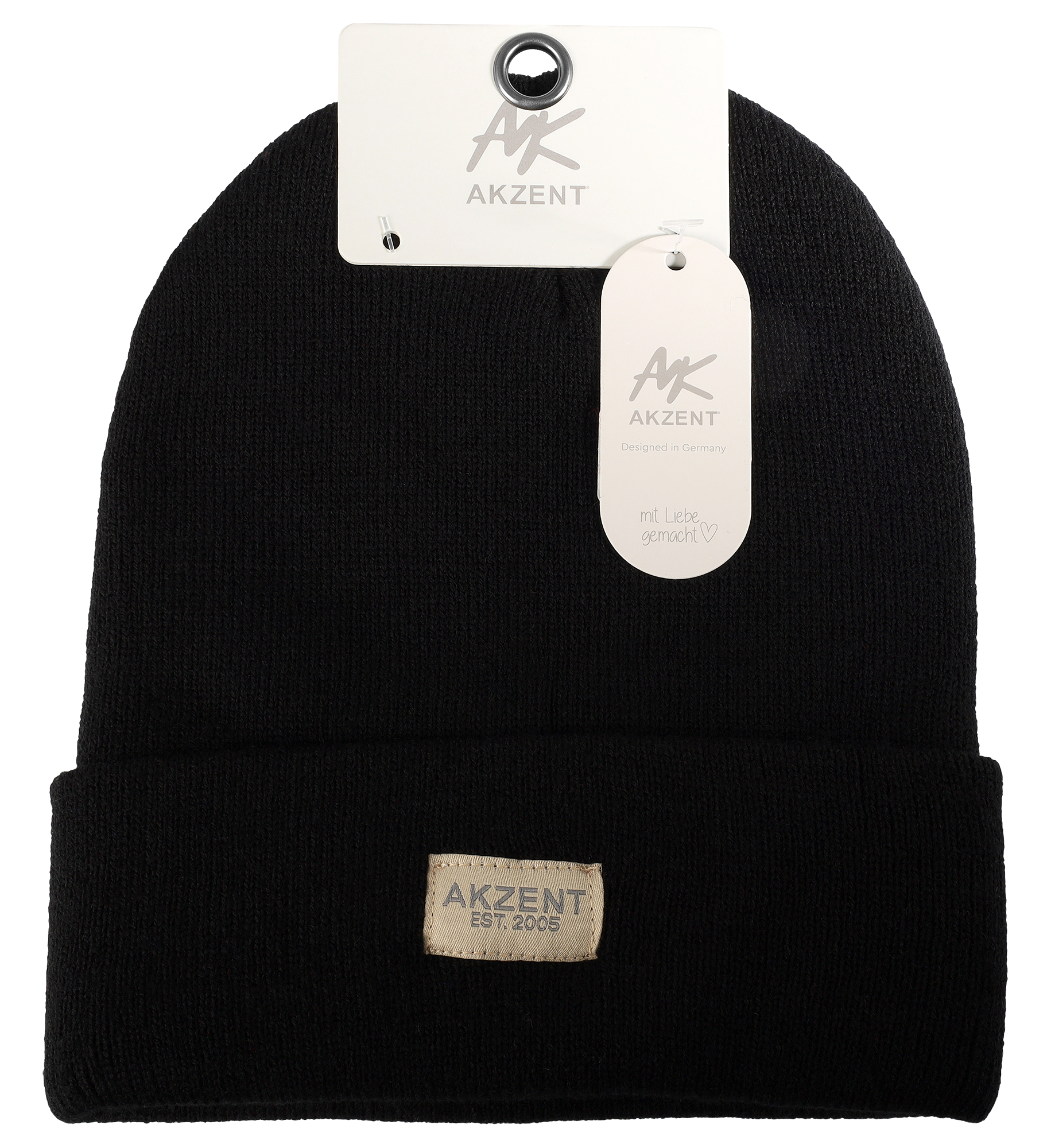 Akzent Strickmütze/ Beanie mit Umschlag, 100% Acryl, 4-VE, schwarz