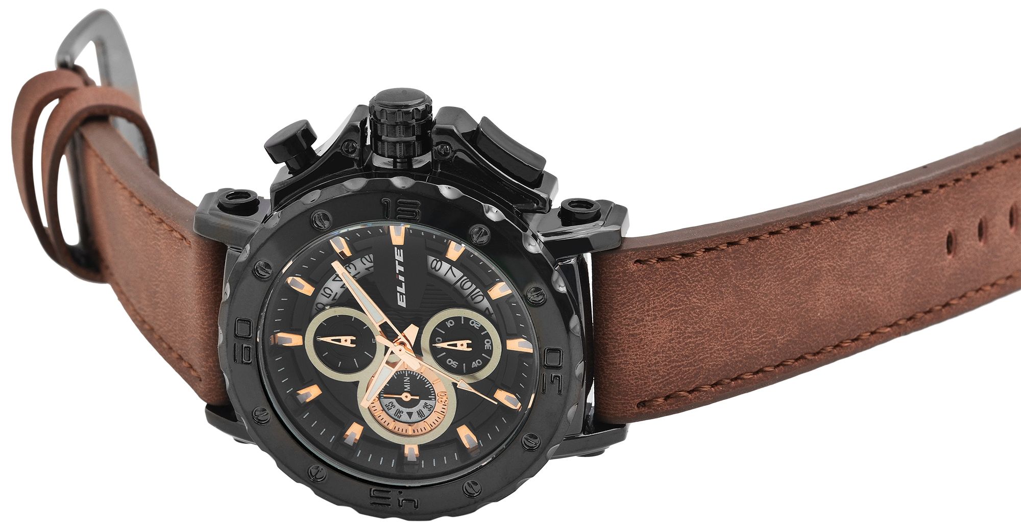 ELITE Herrenchronograph mit Lederimitationsarmband in braun/schwarz