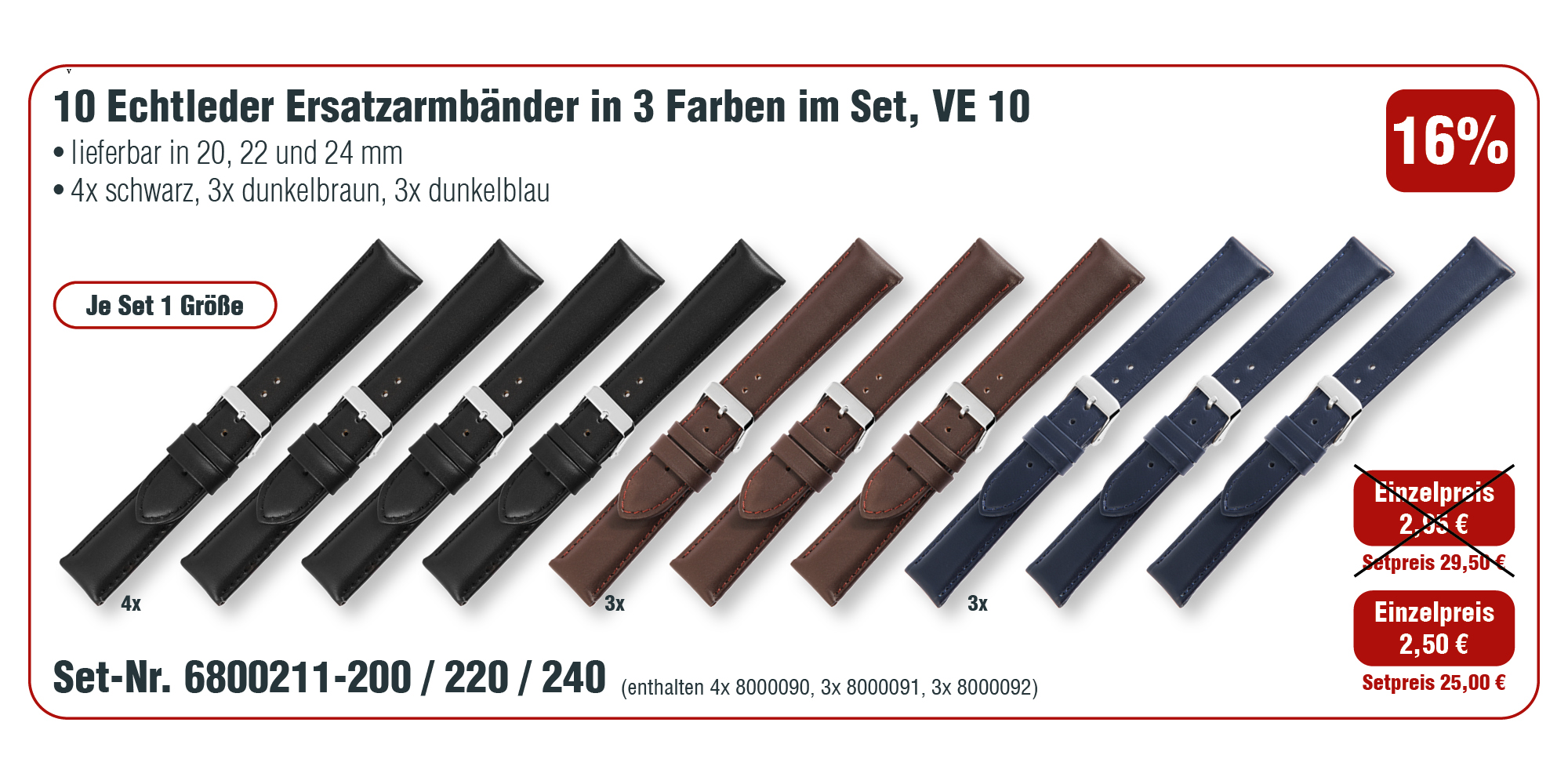 10  Echt Leder Ersatzuhrenarmbänder in 3 Farben im Set, VE 10