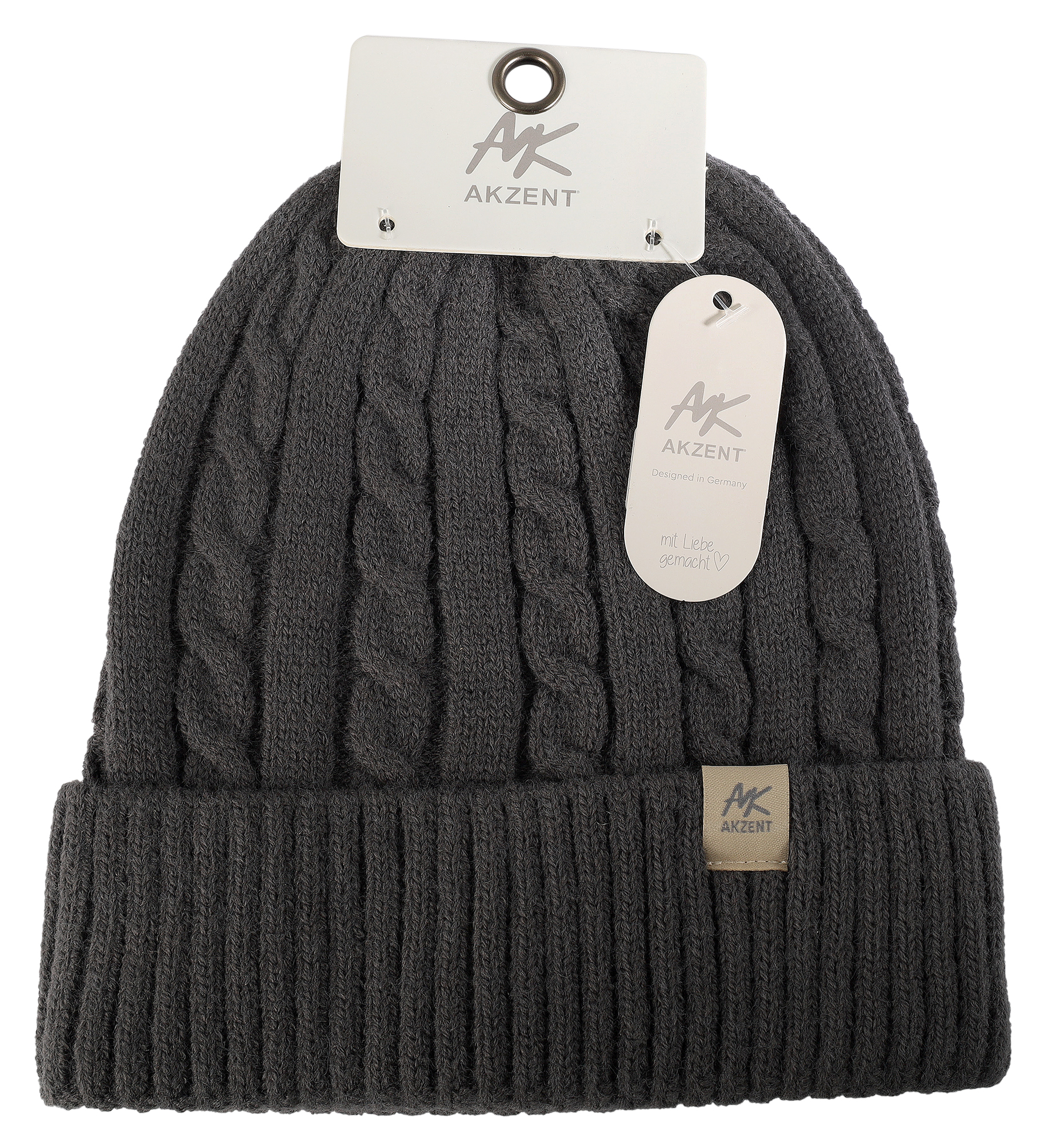 Akzent Strickmütze mit Umschlag, 100% Acryl, 4-VE, grau