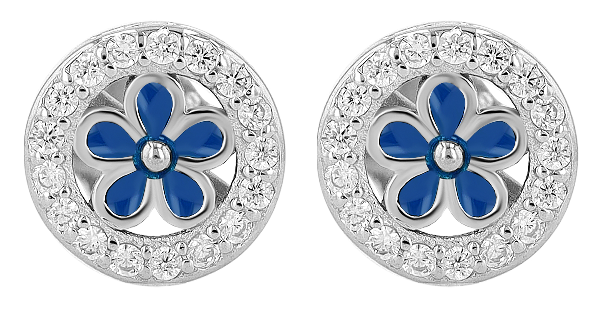 "Lucretia", 925/- Echt Silber Ohrstecker - Blume, silberfarben rhodiniert/ blau