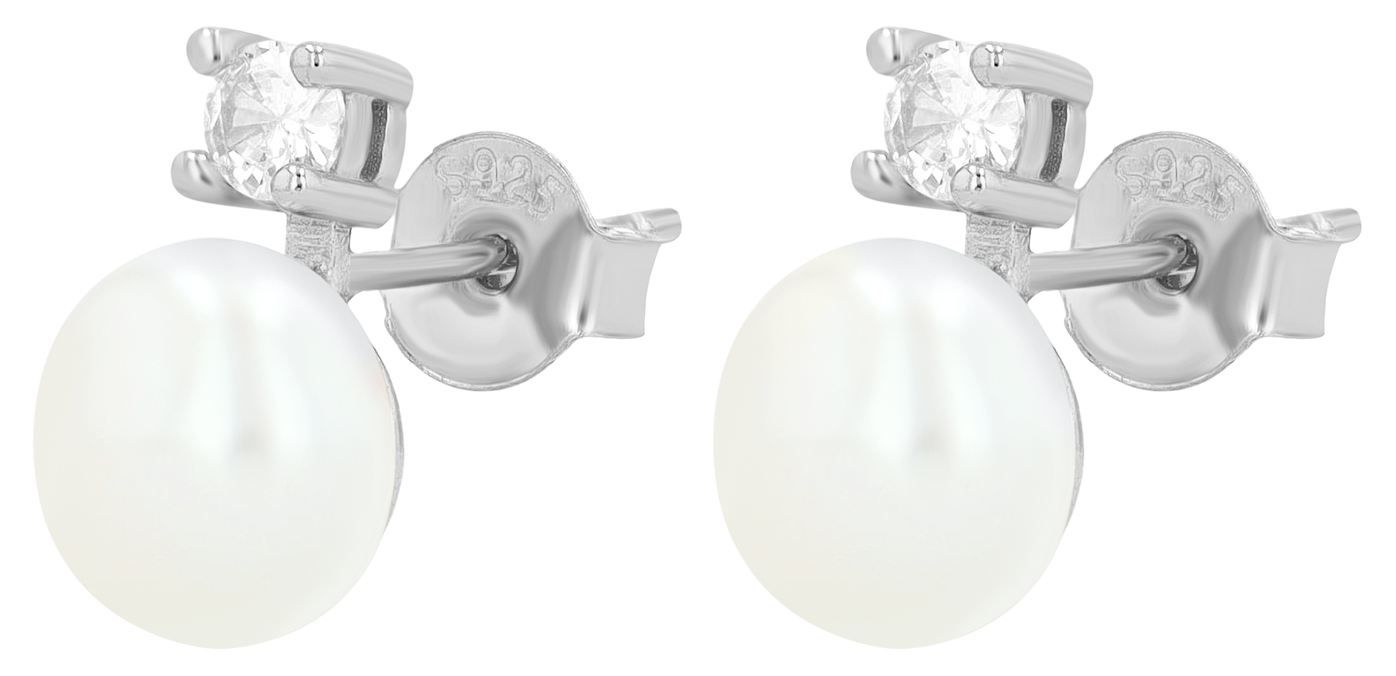 "Almi" 925/- Echt Silber Ohrstecker, echte Süßwasserperle Ø 8 mm/ Zirkonia, rhodiniert