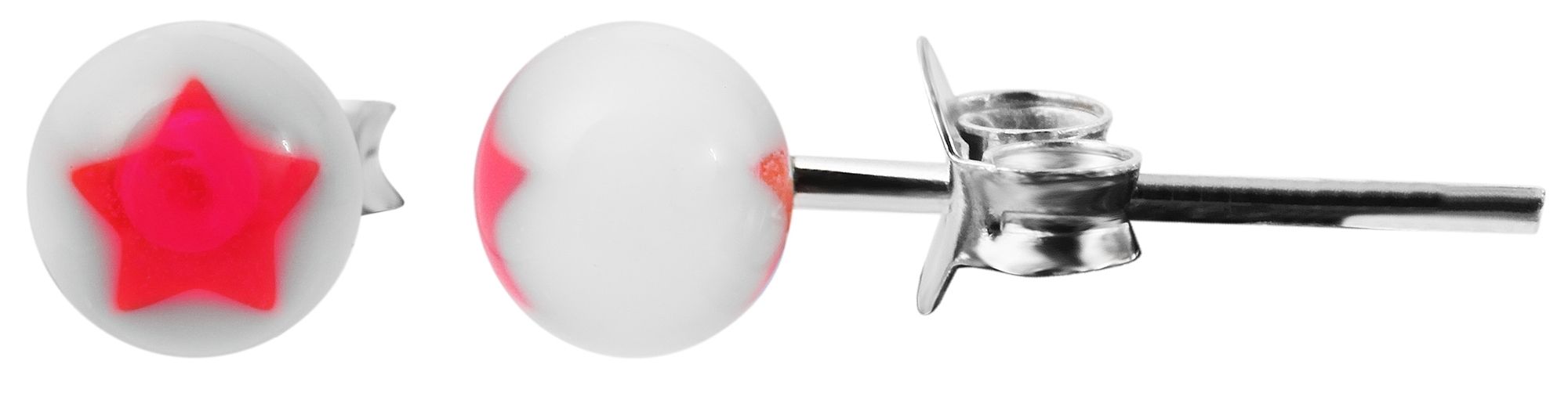 925/- Echt Silber Kinder Ohrstecker "Astrid", Perle mit Stern, weiß/pink