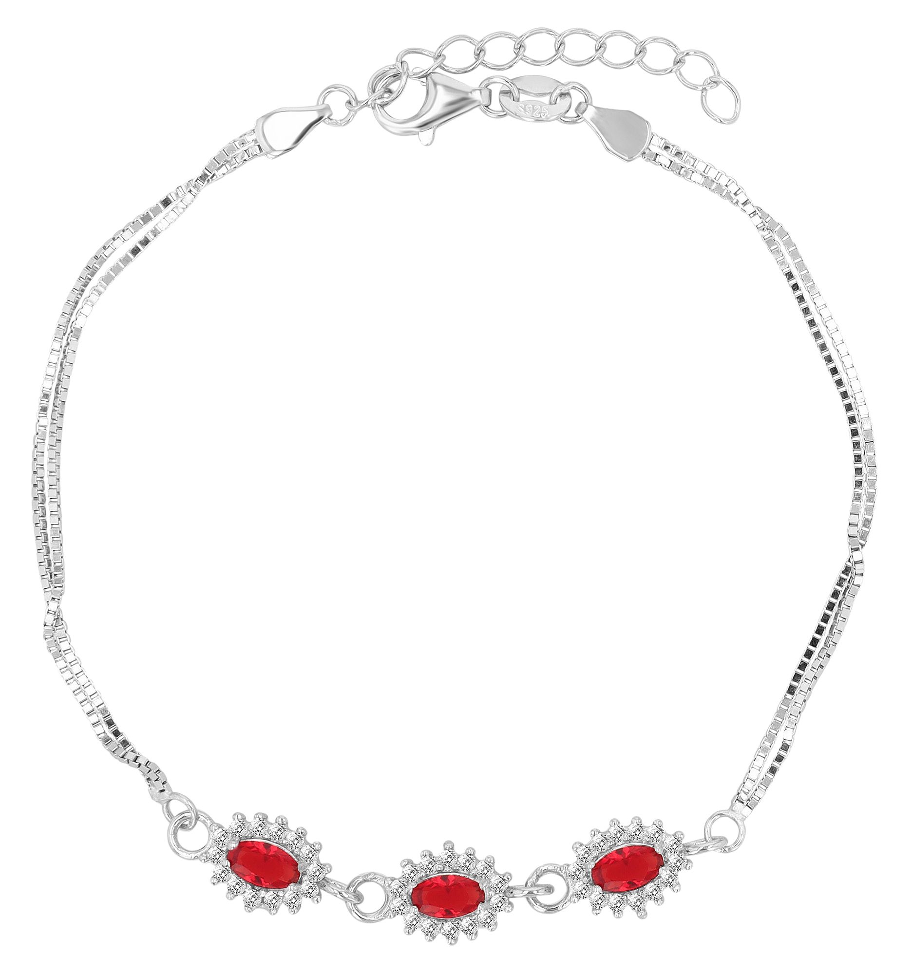 "Diana" 925/- Echt Silber Armband 17+3cm - Entourage Stil, Zirkonia - rot, rhodiniert