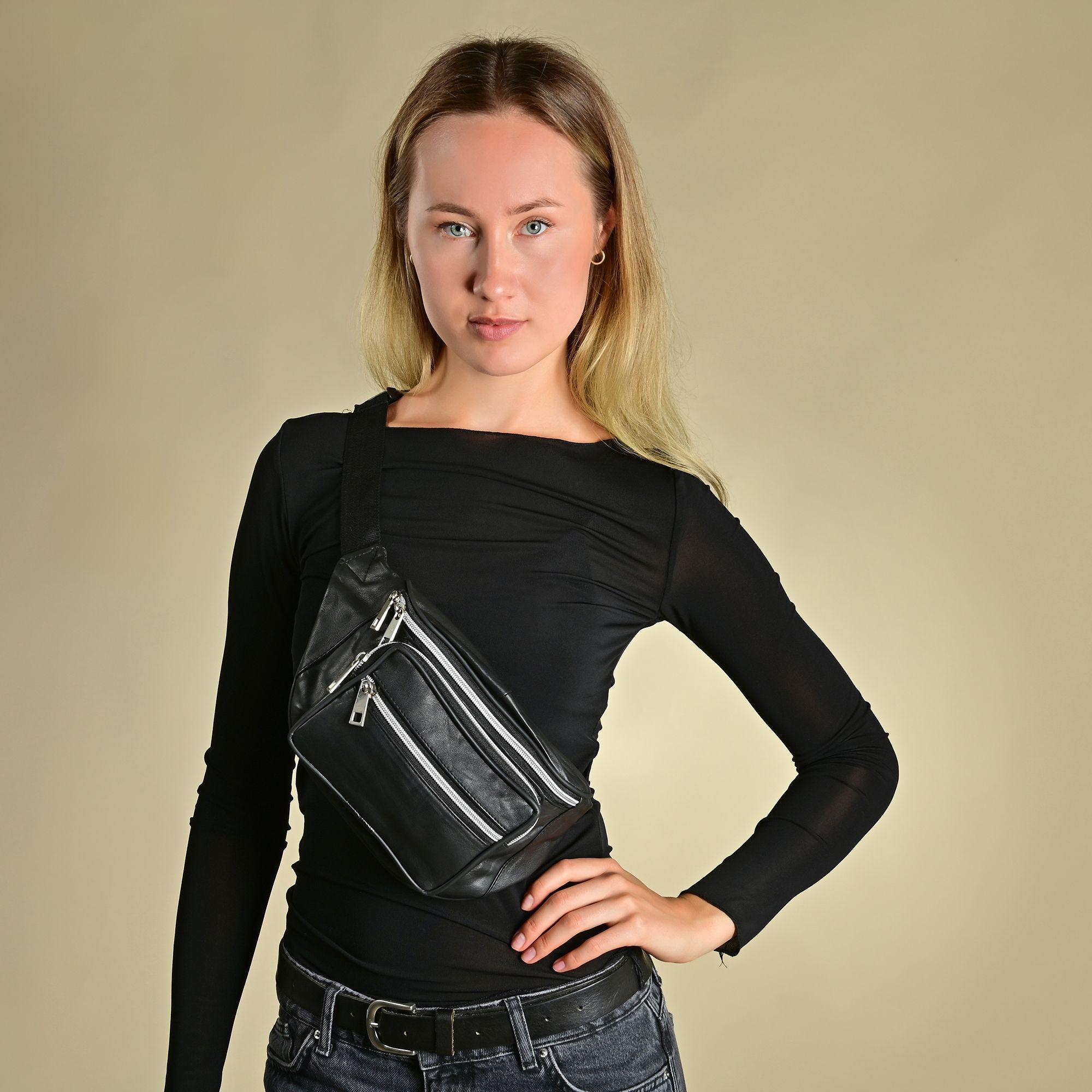 Steinmeister Hüfttasche/ Bauchtasche aus Echtleder, schwarz