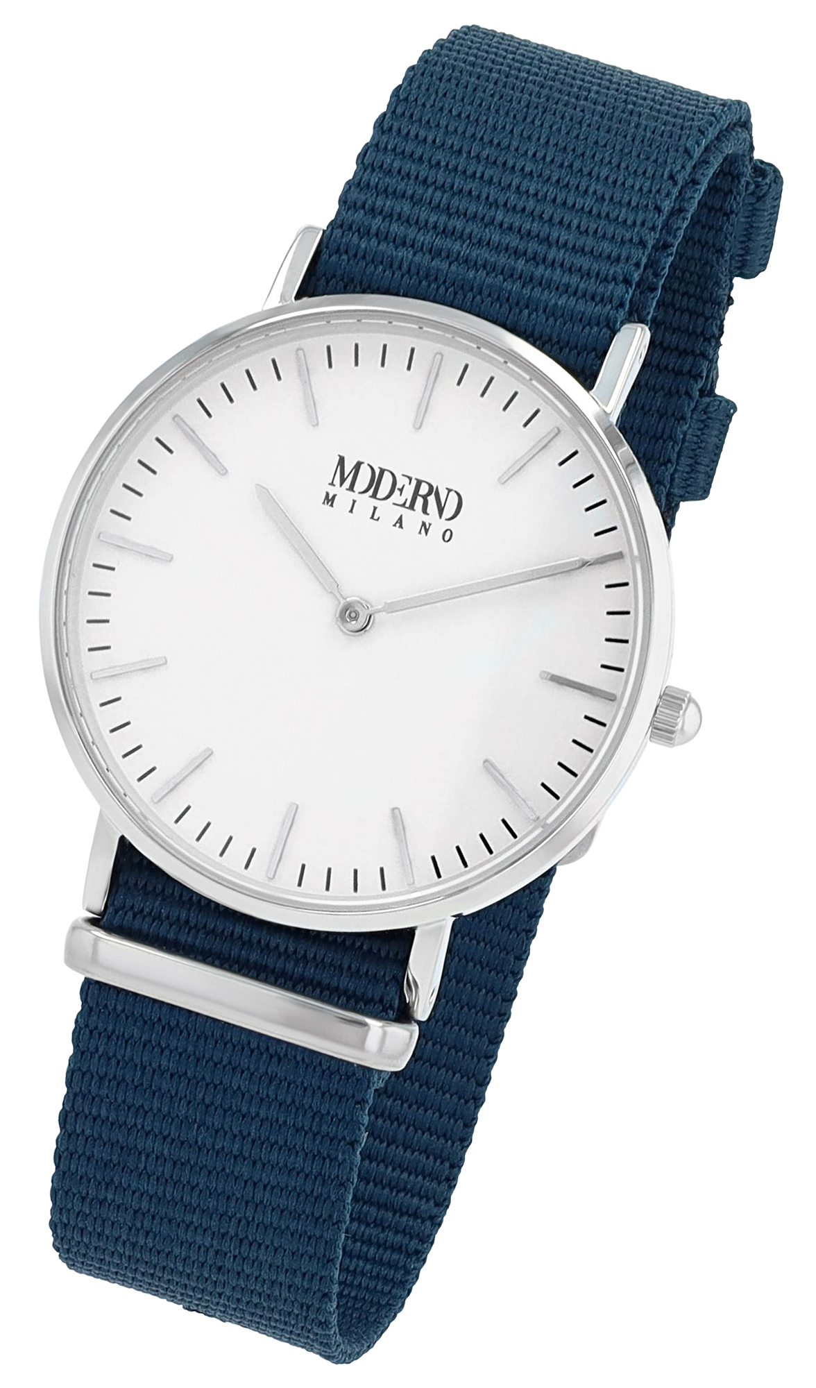 Moderno Milano Edelstahl Damenuhr 36,5 mm, Saphirglas & Nylon-NATO-Band (Blau), silberfarben
