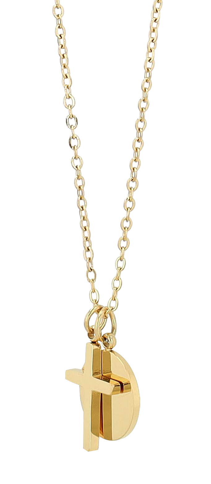 "Caitlin" Edelstahl Kette (41+5 cm) mit Anhänger - Kreuz/ Gravurplättchen, goldfarben
