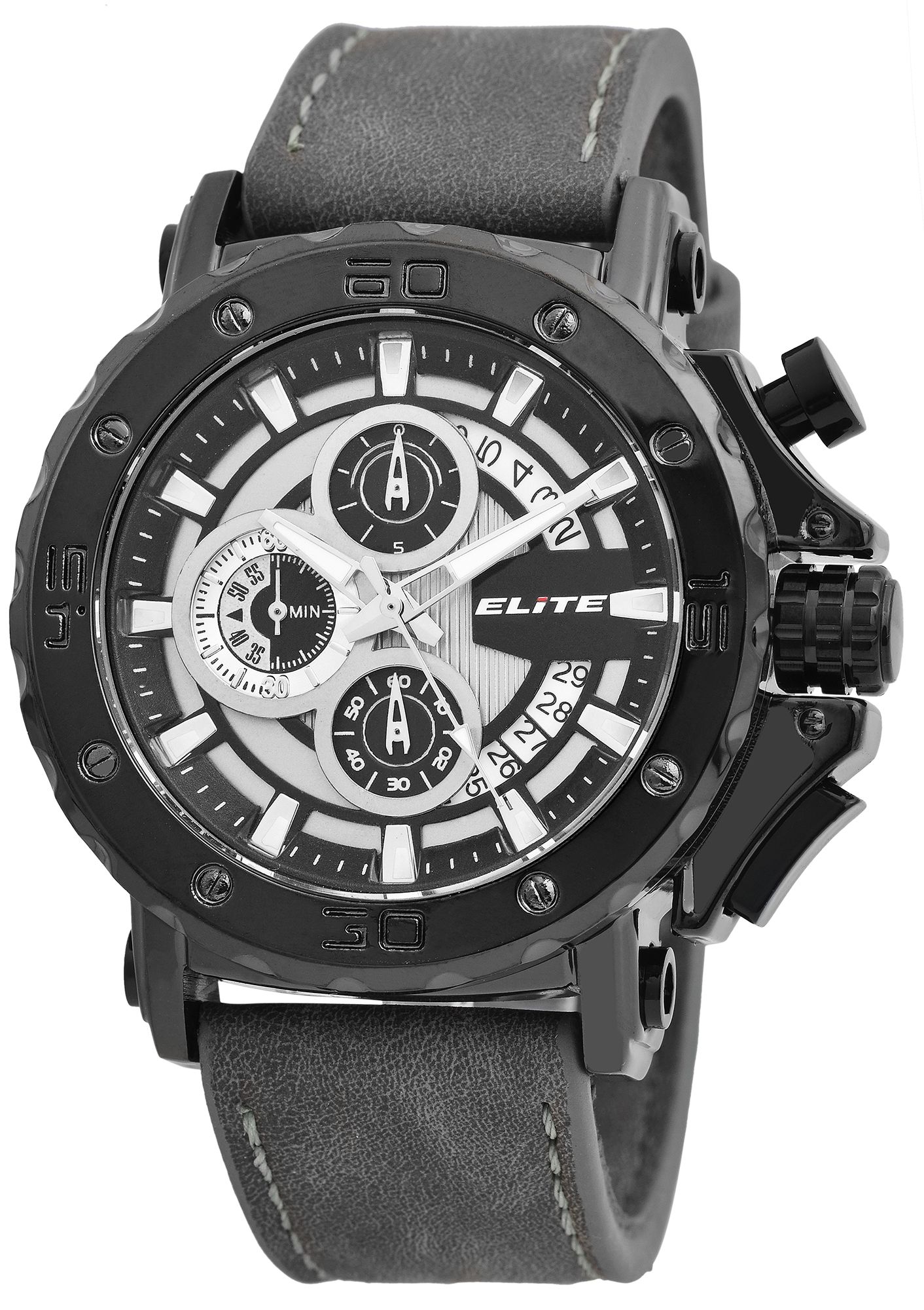 ELITE Herrenchronograph mit Lederimitationsarmband in grau/schwarz