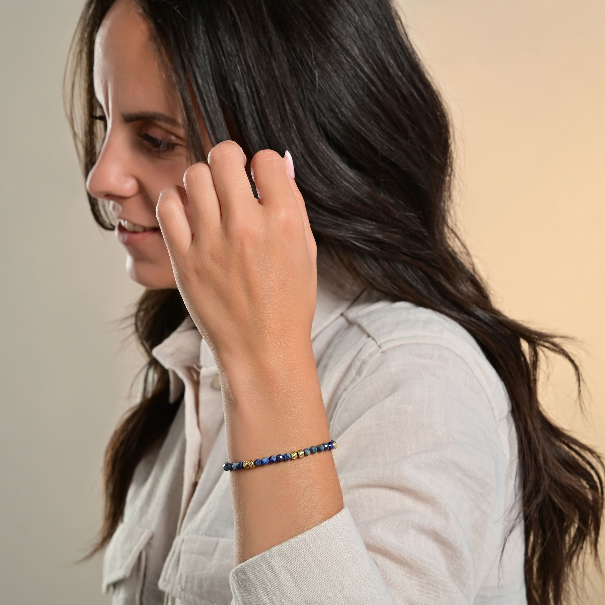 "Willow" Armband 17 + 3 cm, Edelstahl & Natursteinen (Lapislazuli), goldfarben