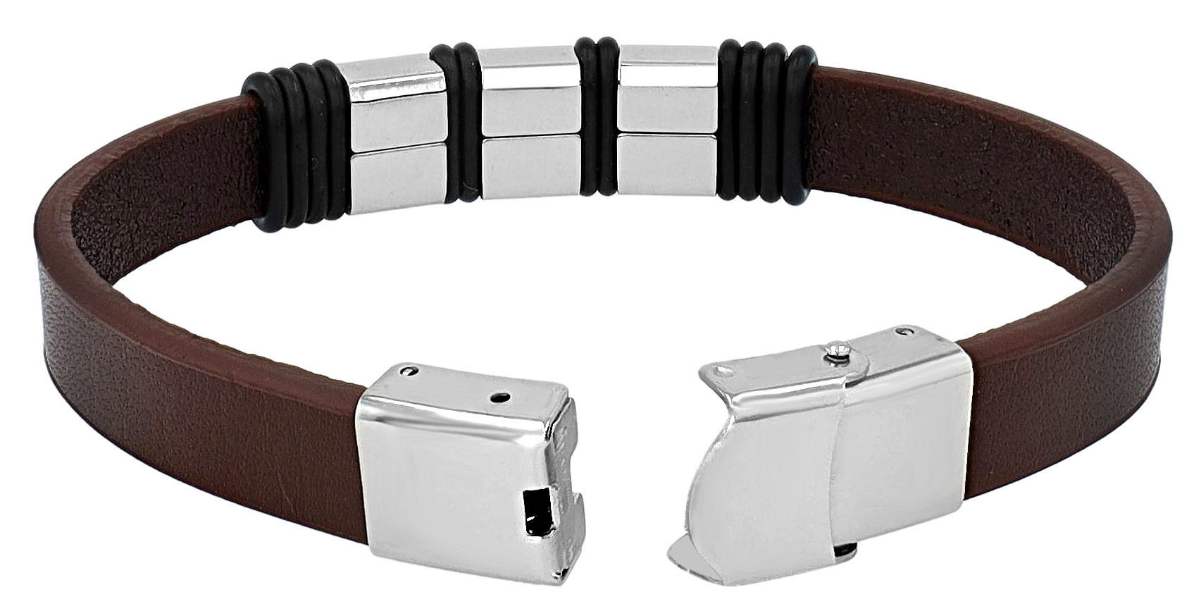 "Nadim", Akzent Armband, Echtleder & Edelstahl, Hakenverschluss, braun/silberfarben/schwarz, 21 cm