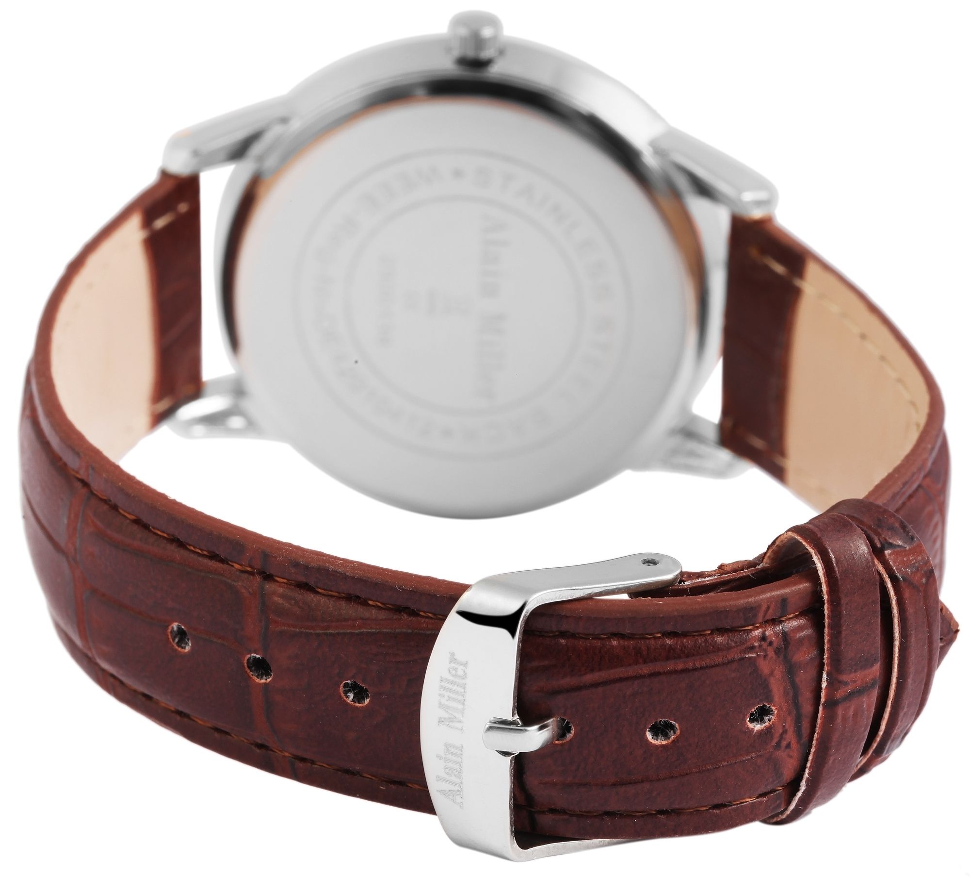Alain Miller Herrenarmbanduhr mit Lederimitationsarmband, silberfarben/braun