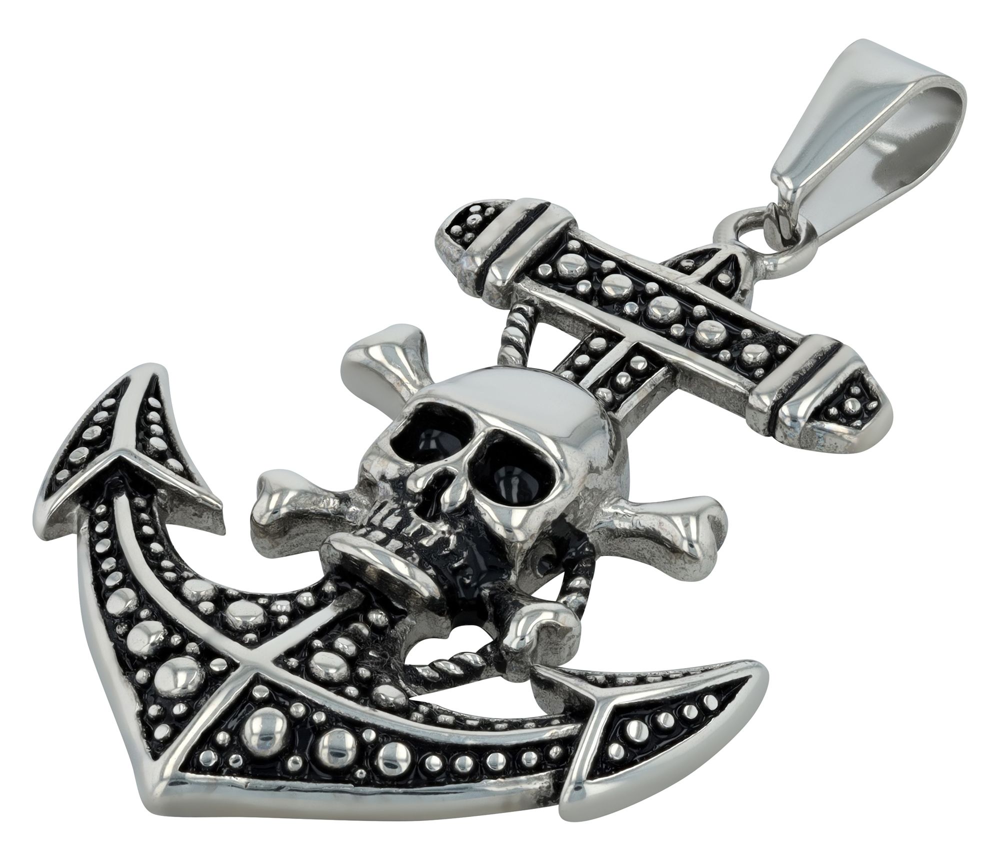 "Merlin" Anhänger aus Edelstahl, Anker mit Totenkopf, silberfarben + geschwärzt