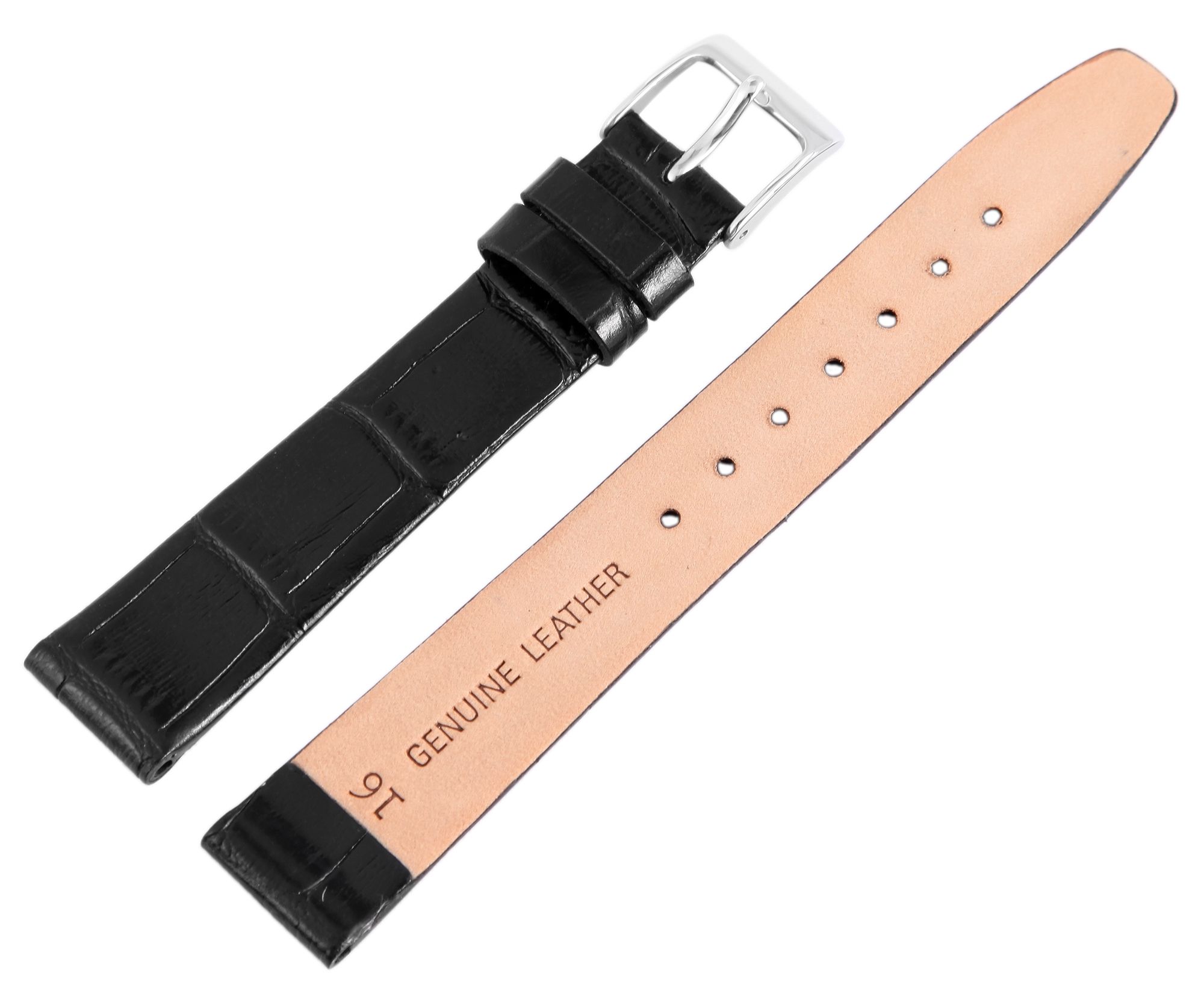 Echtleder-Uhrenarmband, schwarz, Schlangenoptik, 16 mm