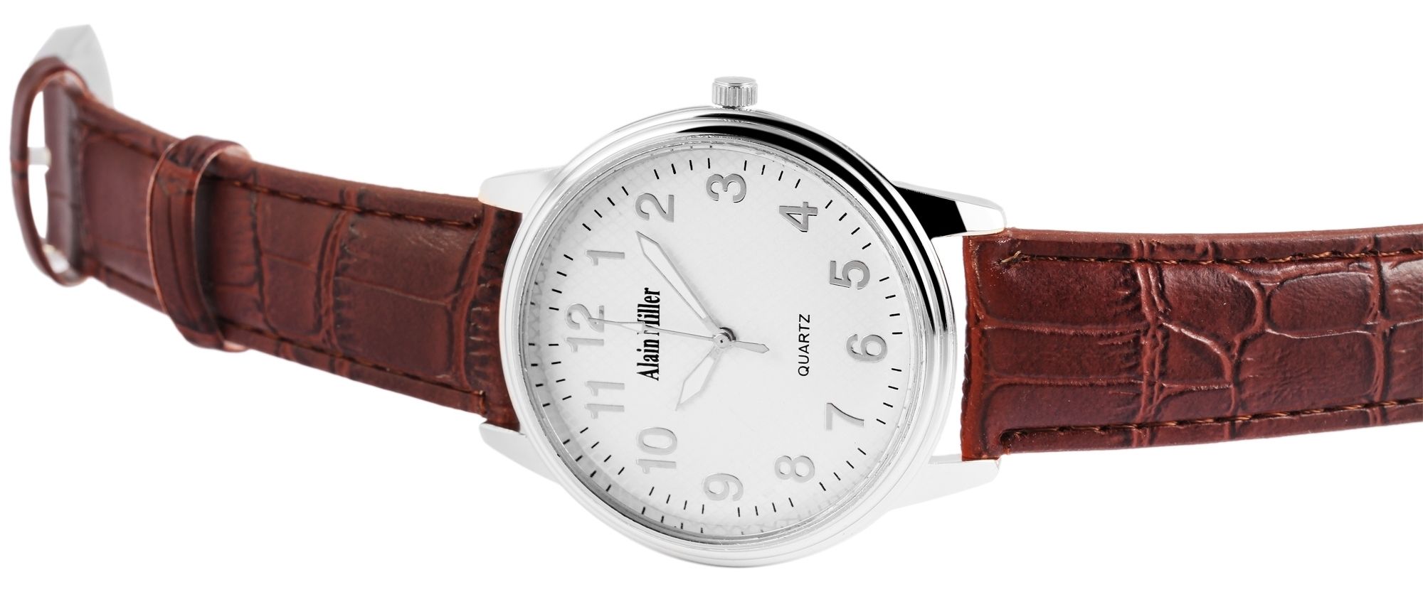 Alain Miller Herrenarmbanduhr mit Lederimitationsarmband, silberfarben/braun