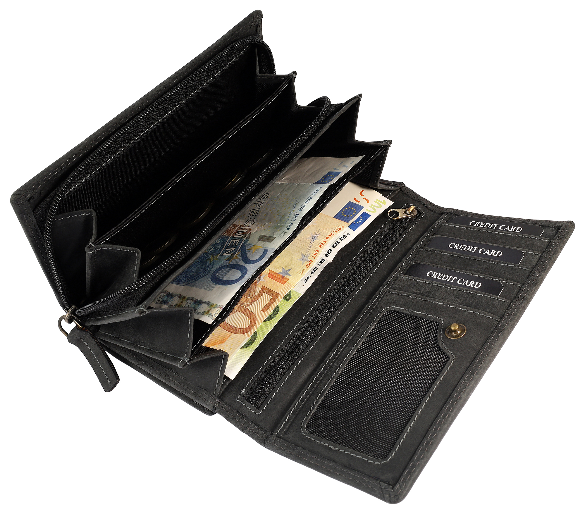 Leonardo Verrelli, Echtleder (Vintage) Damen Geldbörse, länglich & RFID, schwarz