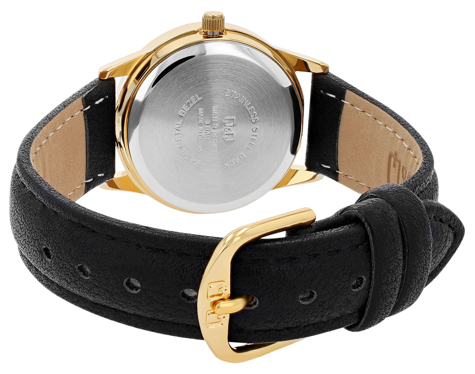 Q&Q Lederbanduhr für Damen, Datumsanzeige, schwarz/goldfarben