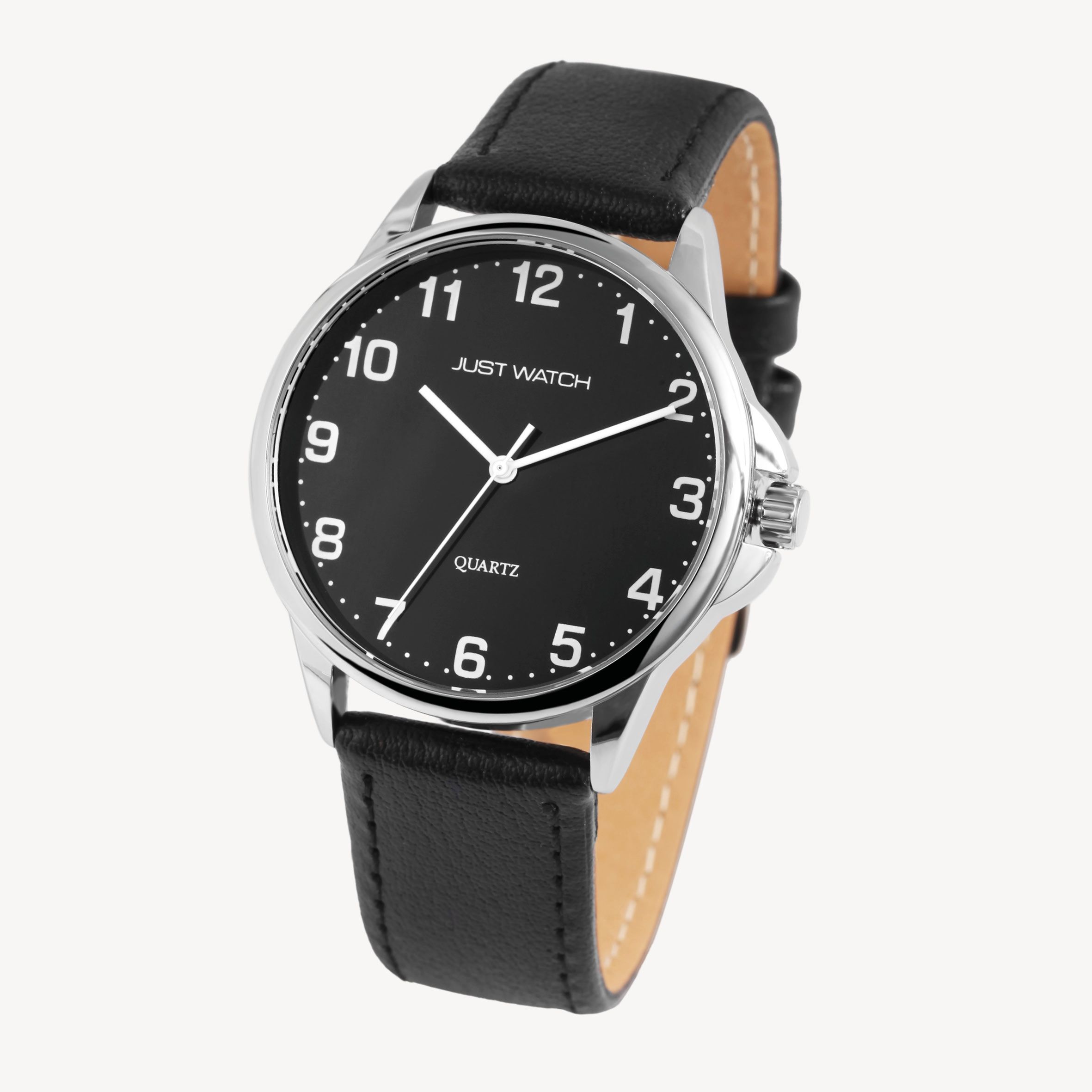 Just Watch "Bernard" Herrenuhr Ø 39 mm, Echtlederband, schwarz/ silberfarben/ schwarz