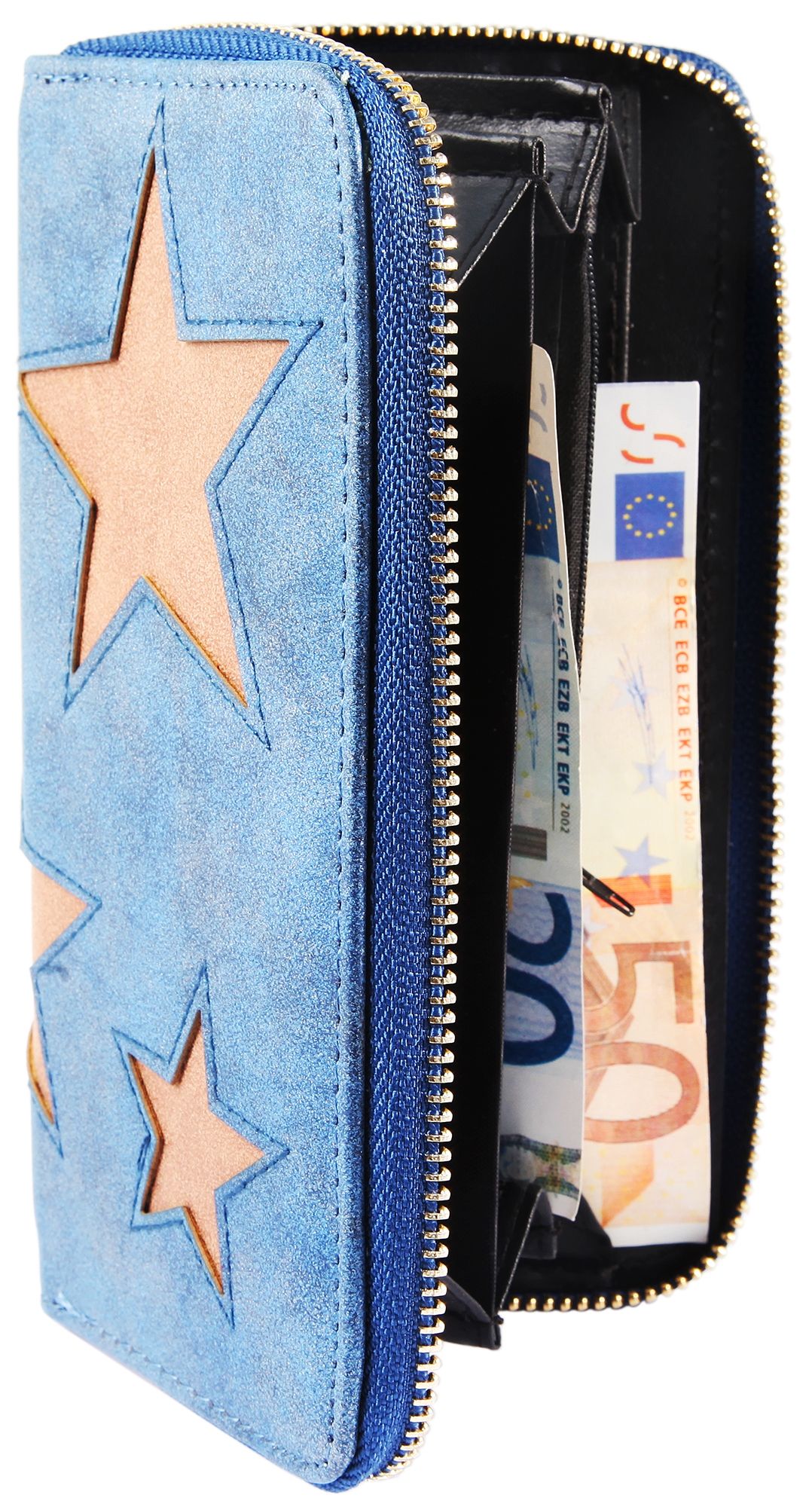 Cham Cham Damen Geldbörse aus Lederimitat in blau/braun. Format 19 x 10 cm.