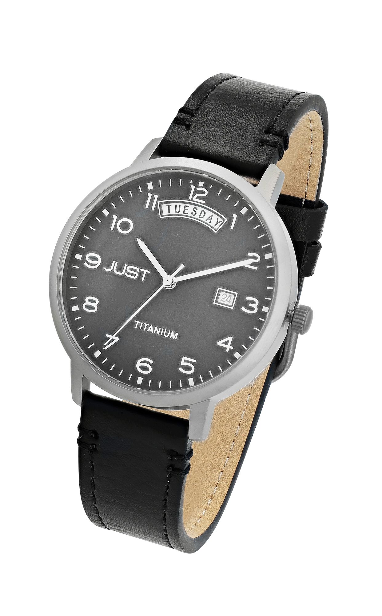JUST  "Fanis" Titan Herrenuhr mit Echtlederarmband, 5 ATM, schwarz