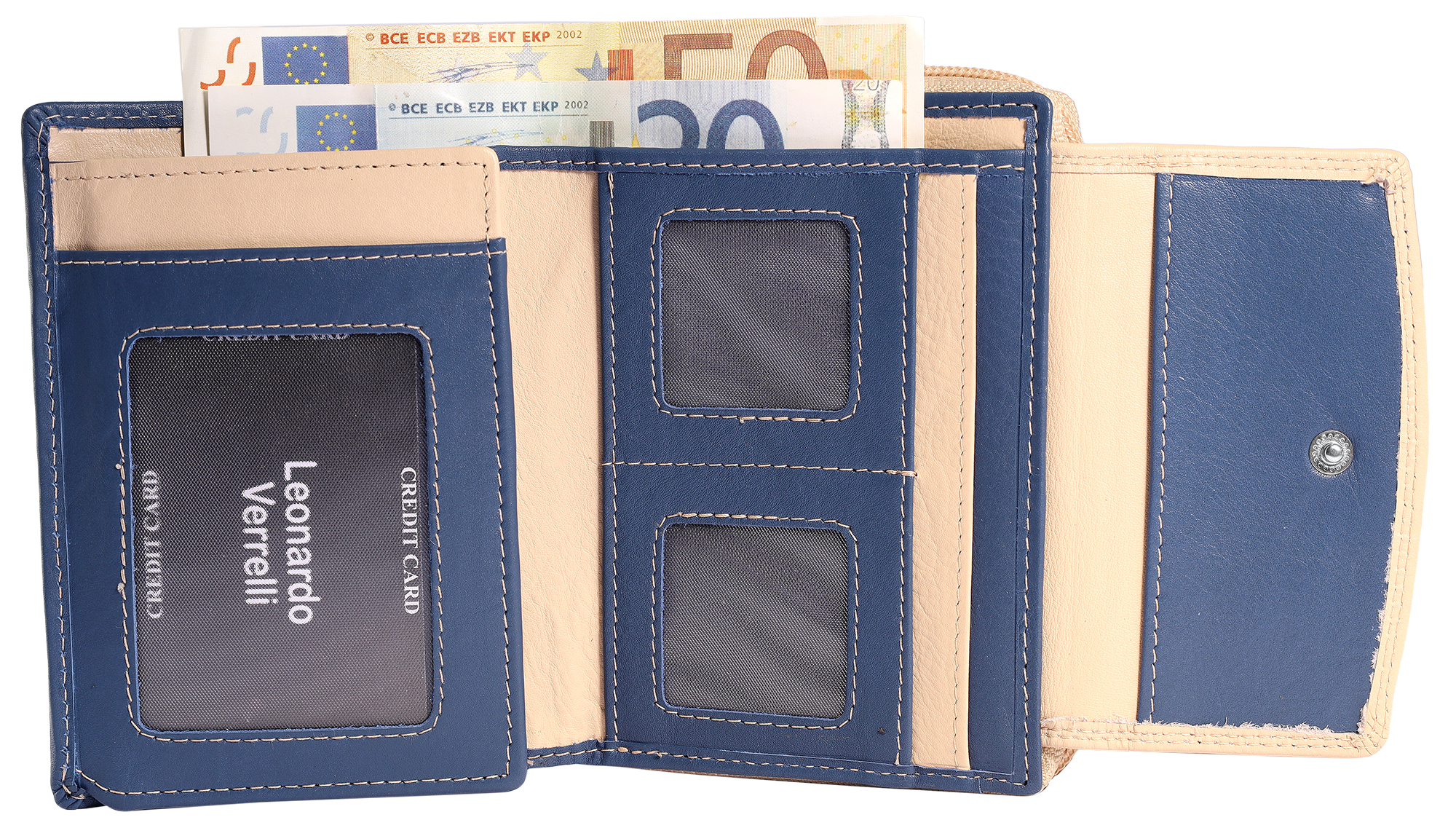 Leonardo Verrelli Echtleder (Nappa) Damen Geldbörse, RFID, Querformat, blau/ beige