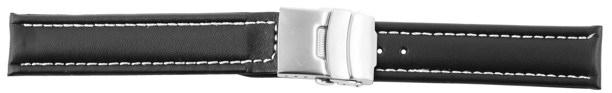 Echtleder-Uhrenarmband, schwarz, weiße Naht, Faltschließe, 16 mm
