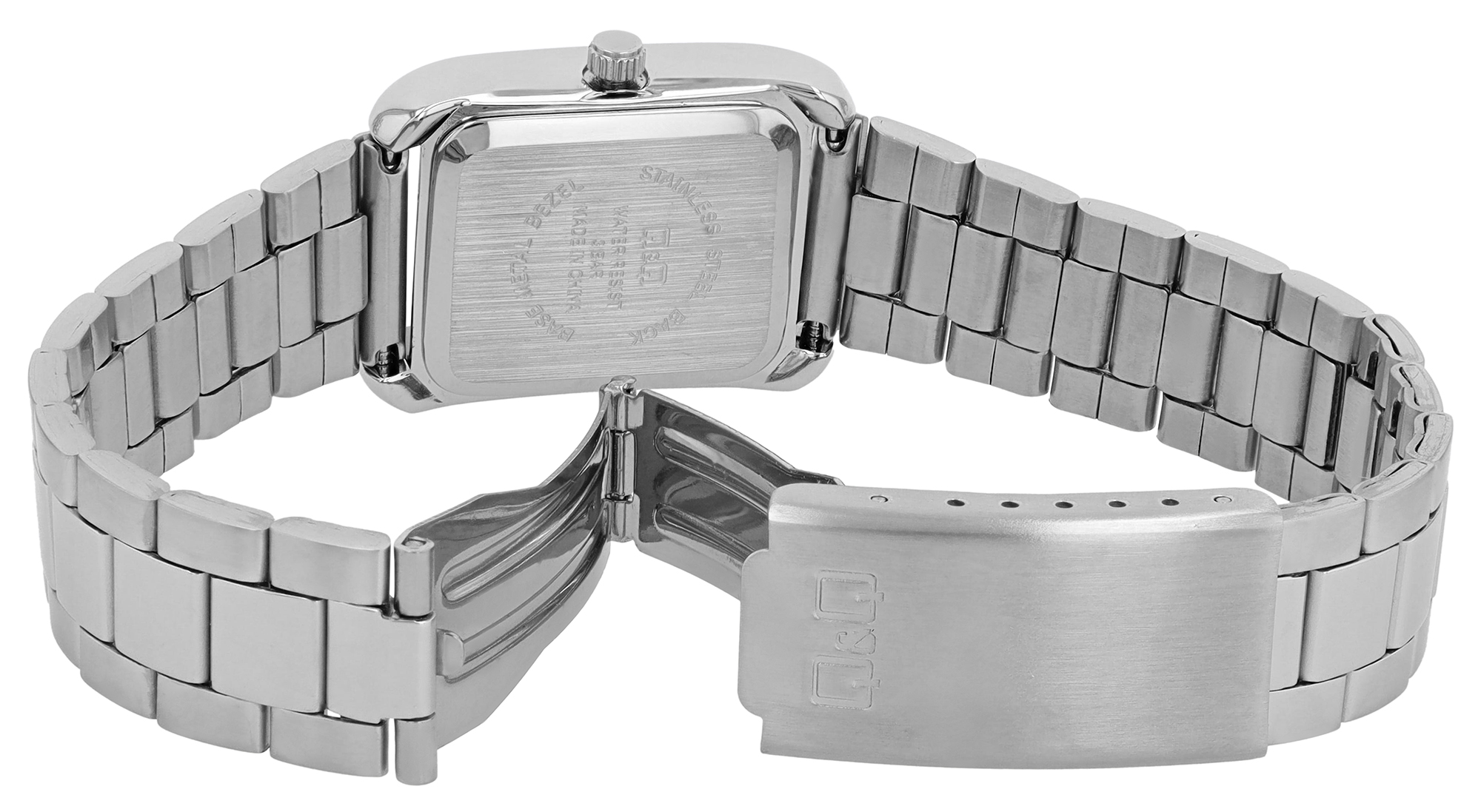 Q&Q Damenuhr (rechteckiges Gehäuse 30 × 22 mm), Edelstahlband, silberfarben/ blau