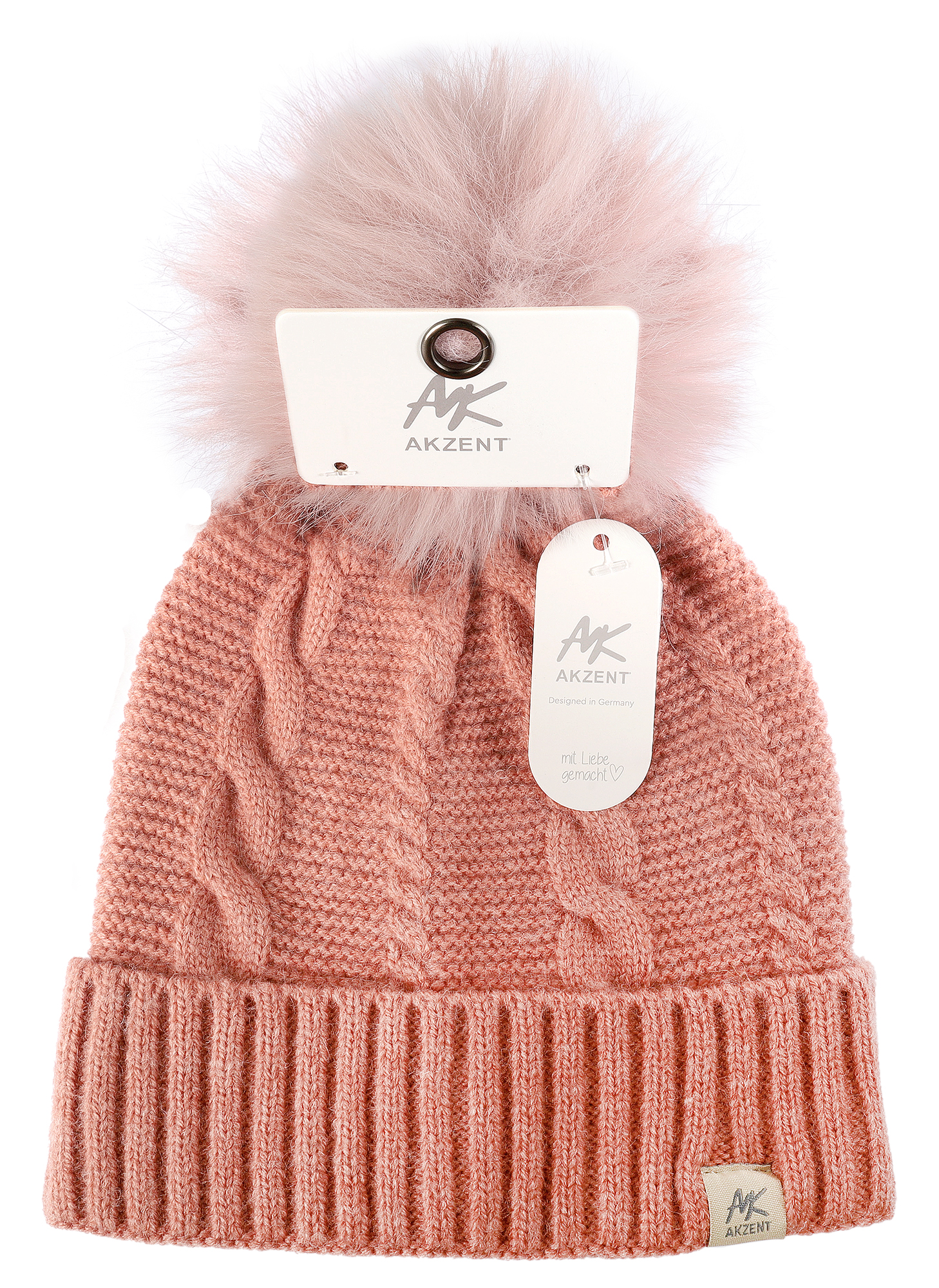 Akzent Strickmütze für Damen (mit Kunstfellbommel), VE-4, altrosa