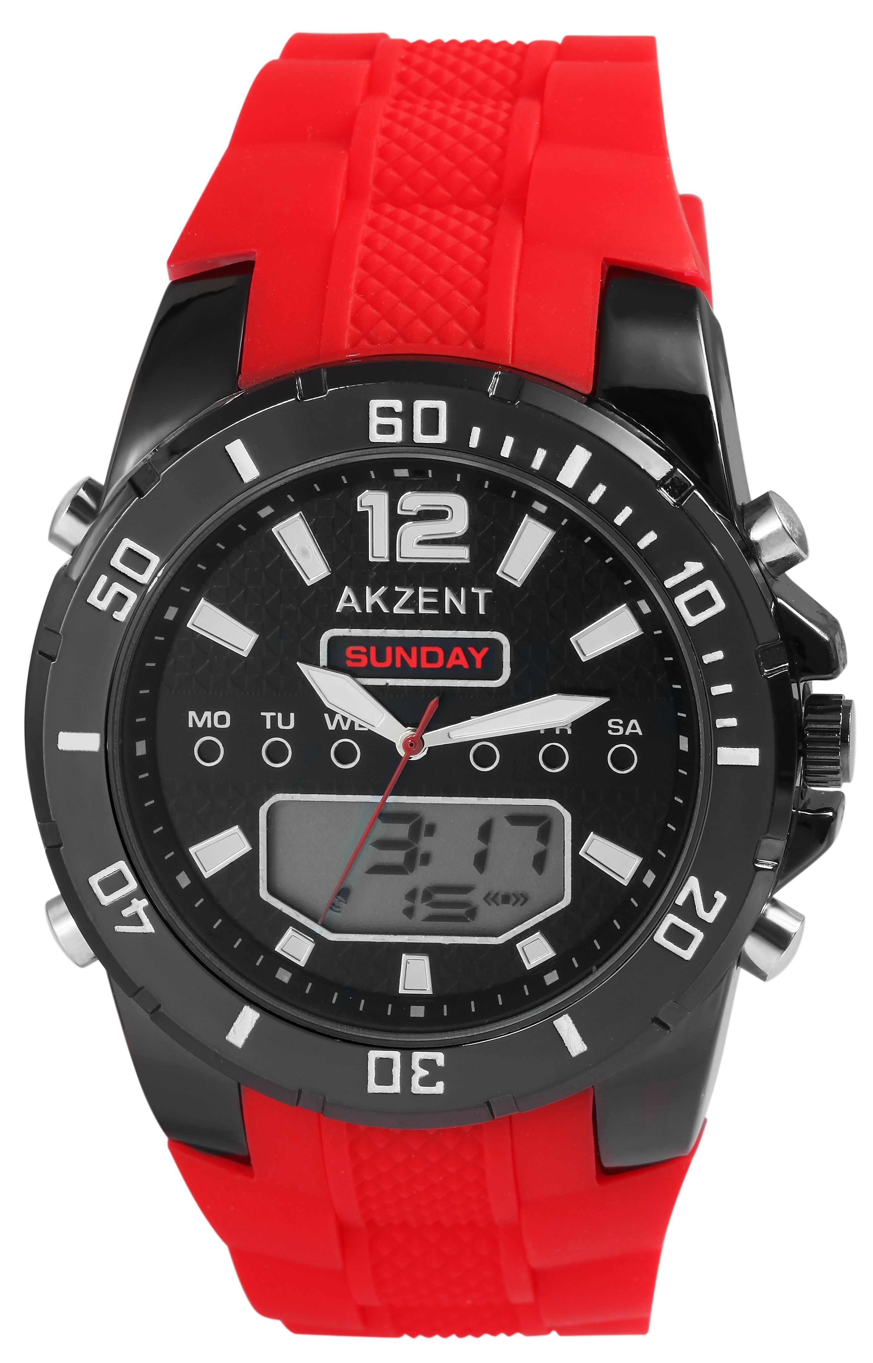 Akzent Analog-Digital Herrenuhr mit Silikonarmband, rot