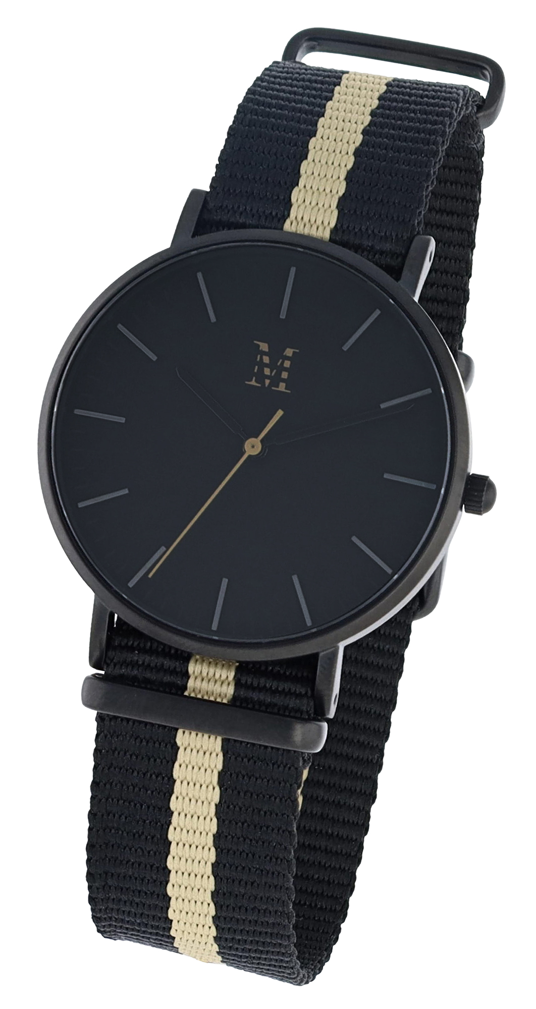 Moderno Milano Edelstahl Damenuhr 36,5 mm, Saphirglas & Nylon-NATO-Band (Schwarz-Beige), schwarz
