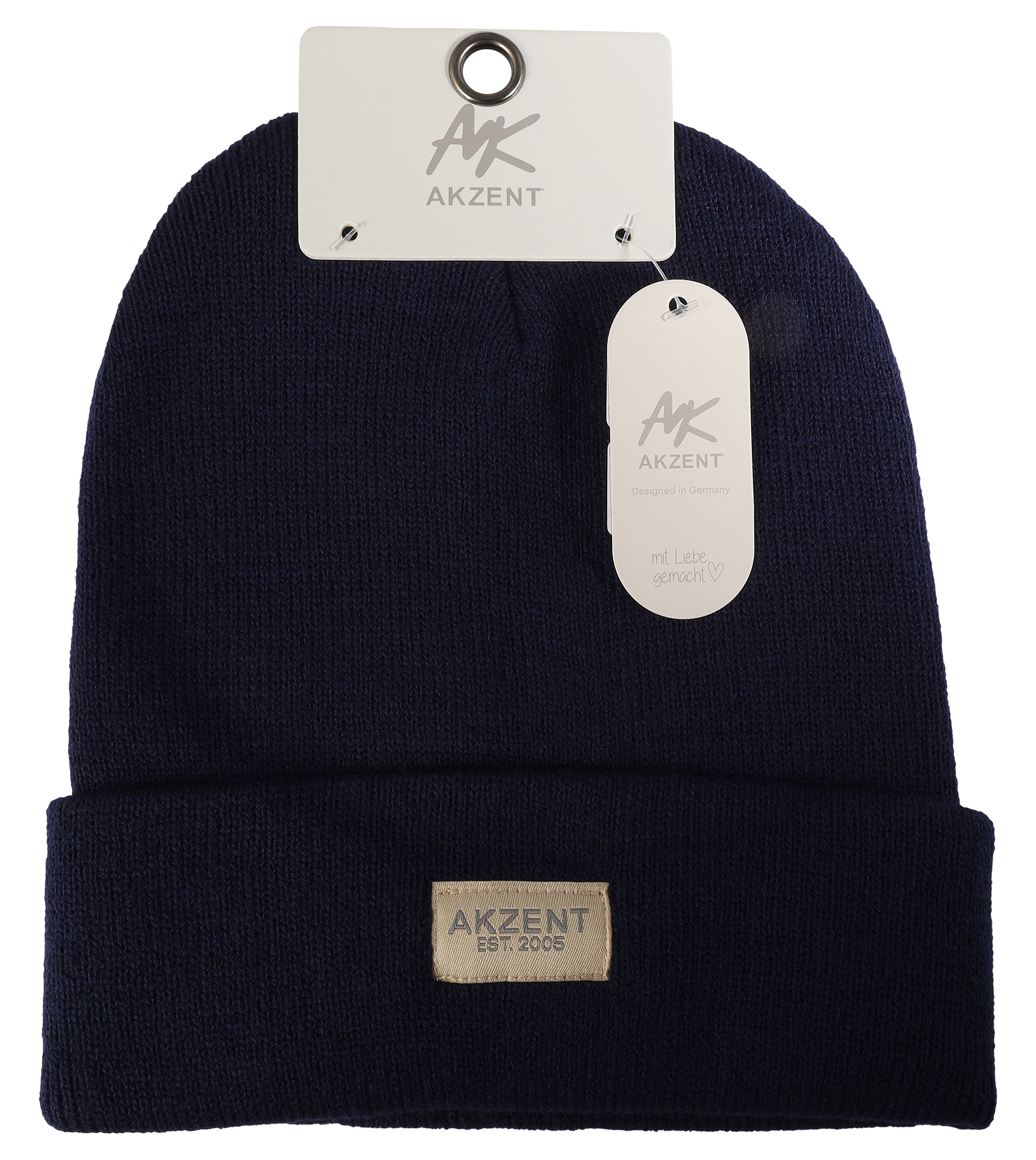 Akzent Strickmütze/ Beanie mit Umschlag, 100% Acryl, 4-VE, dunkelblau