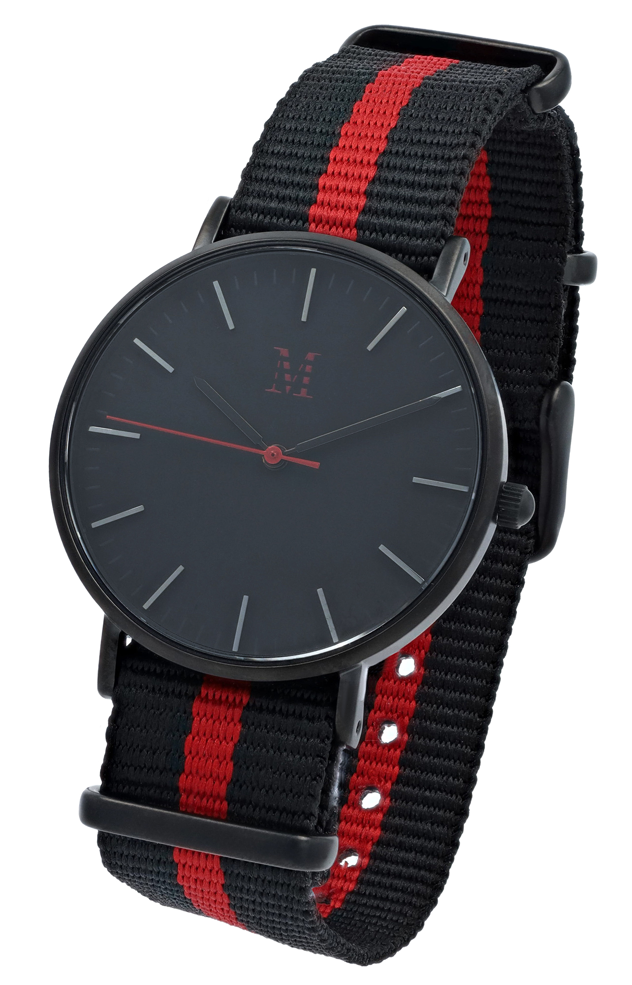 Moderno Milano Edelstahl Damenuhr 36,5 mm, Saphirglas & Nylon-NATO-Band (Schwarz-Rot), schwarz