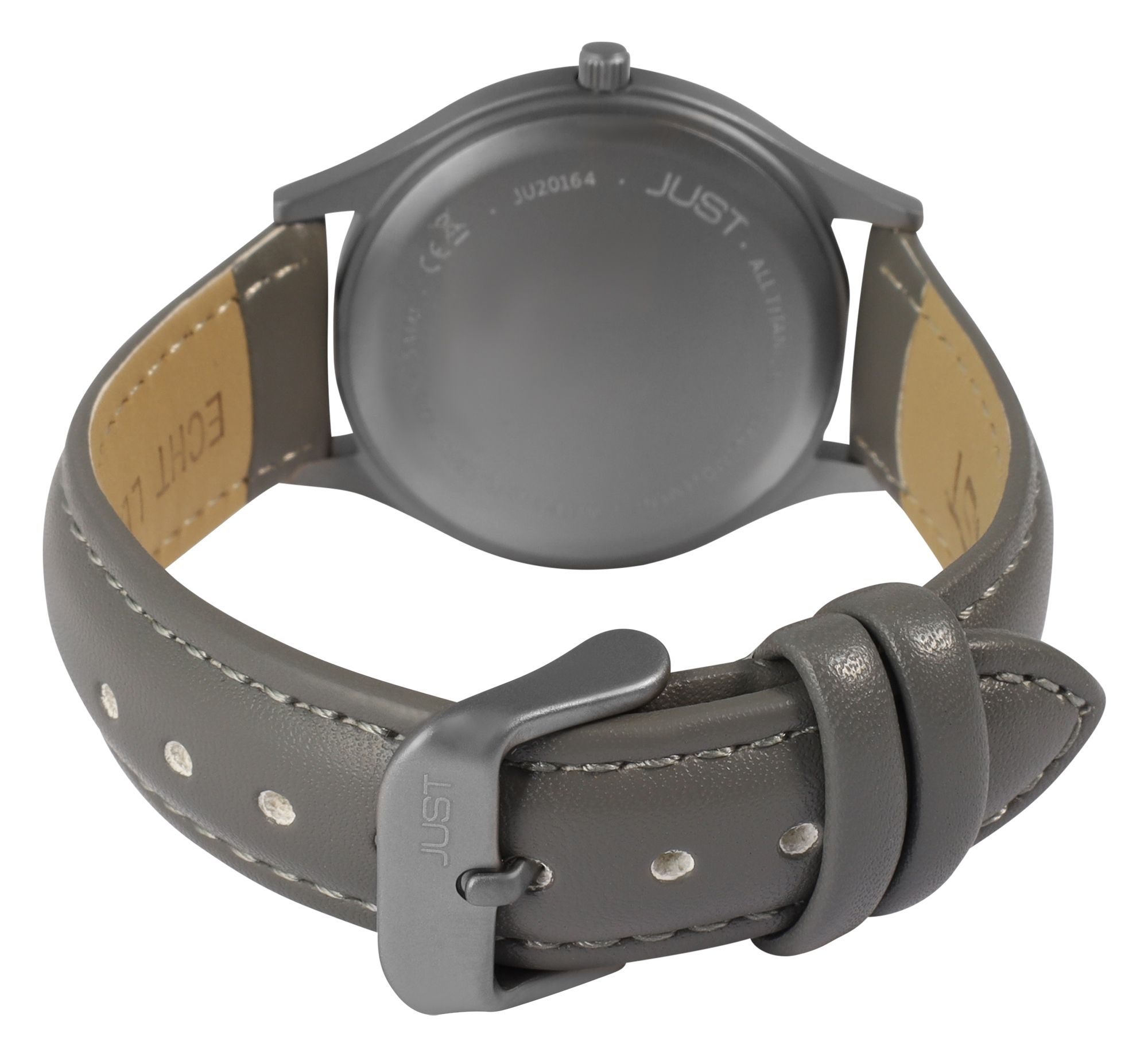 Just "Leon" Herrenuhr mit Echt Lederband, Titangehäuse, 5ATM, Grau