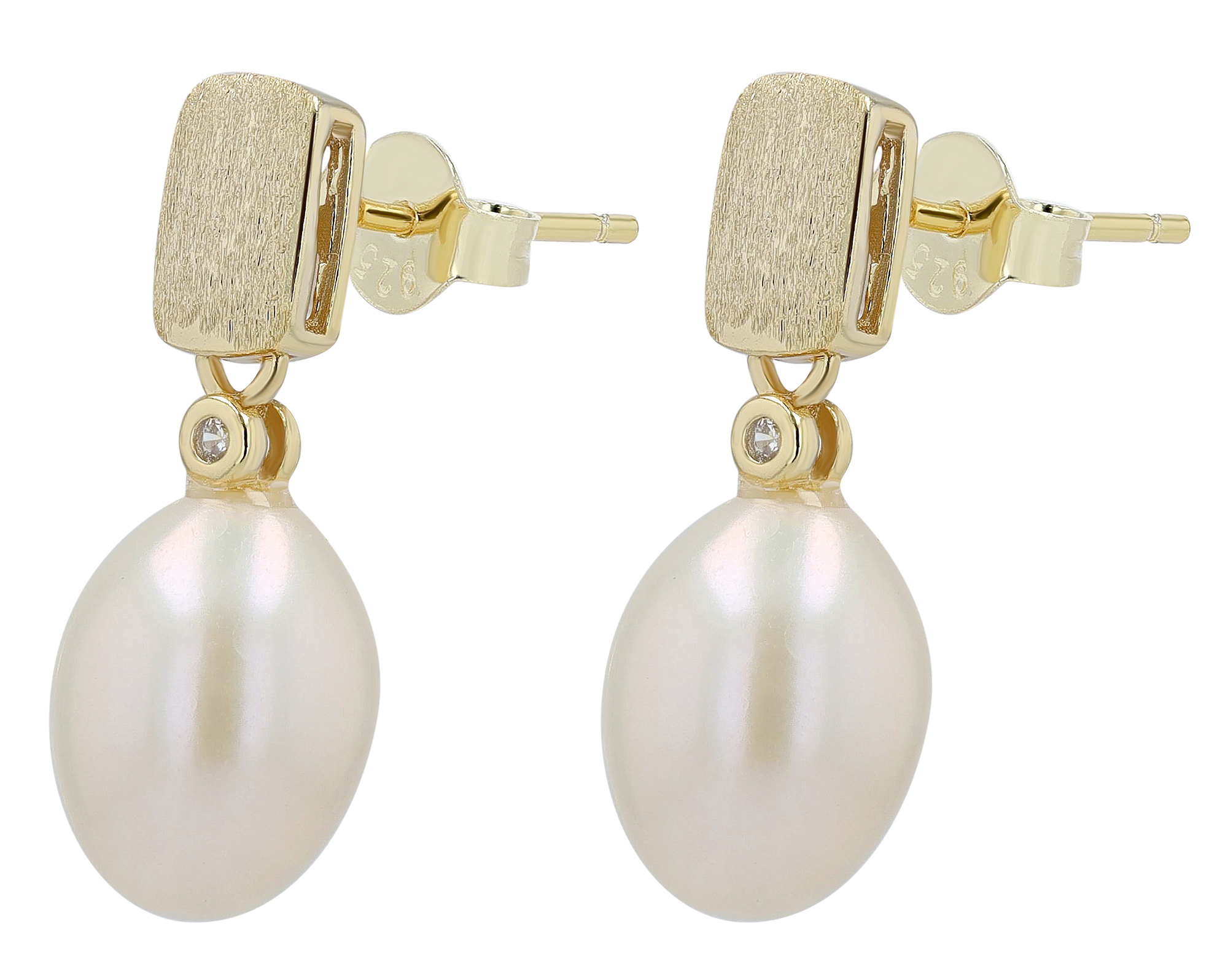 "Mella" 925/- Echt Silber Ohrstecker/ Ohrhänger, Süßwasserperle/Zirkonia, vergoldet