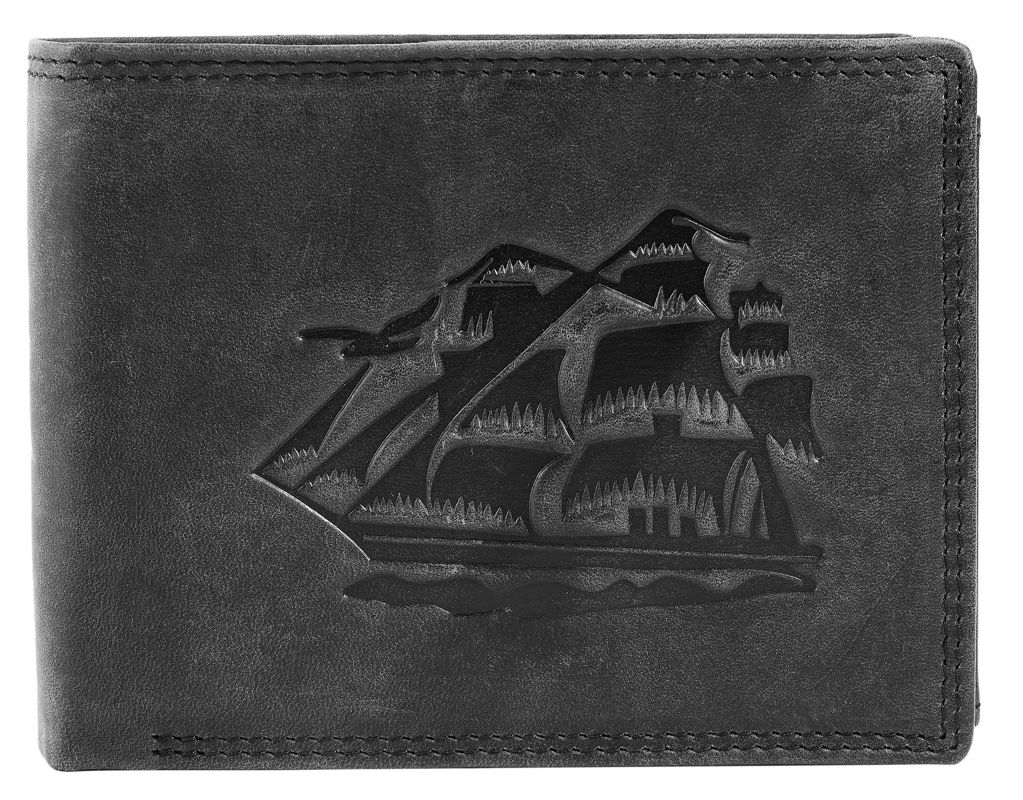 Akzent Echt Leder (Hunter-Leder) Geldbörse, RFID, Querformat, "Segelschiff", schwarz