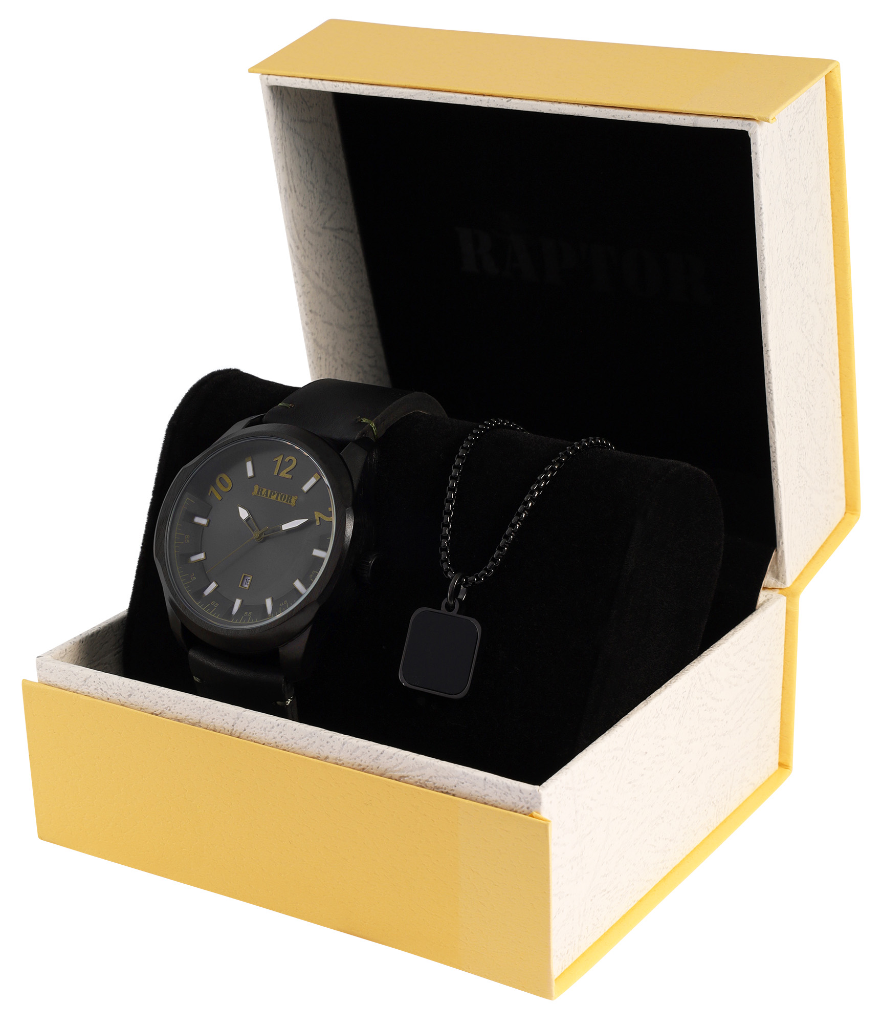 Raptor Herren Geschenkset - Herrenuhr Echlederband mit Edelstahlkette 61 cm & Natursteinanhänger