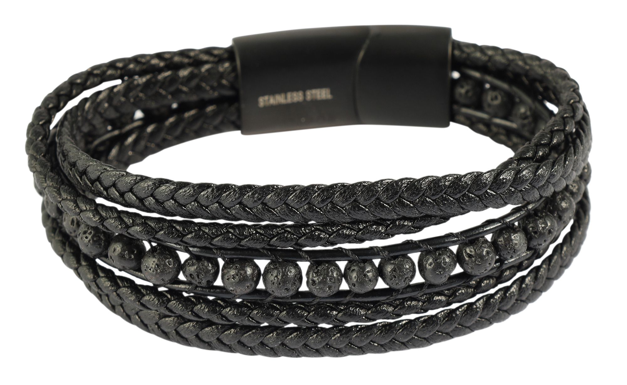 "Neal" 23 cm, Armband aus Lederimitat mit schwarze Lavaperlen, VE-4