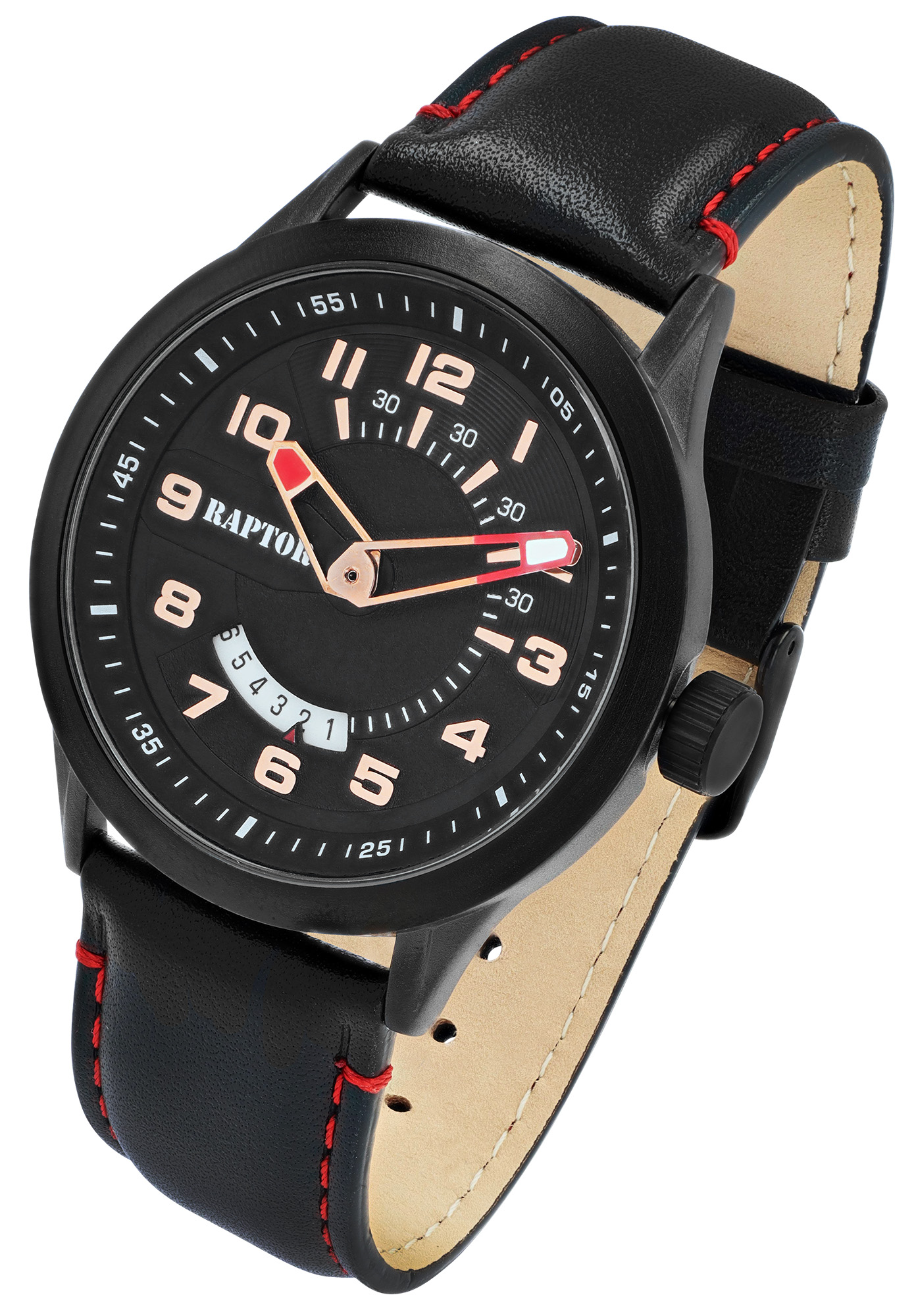 Raptor Herrenuhr "Yava" mit Lederarmband, Datumsanzeige, 5 ATM, schwarz