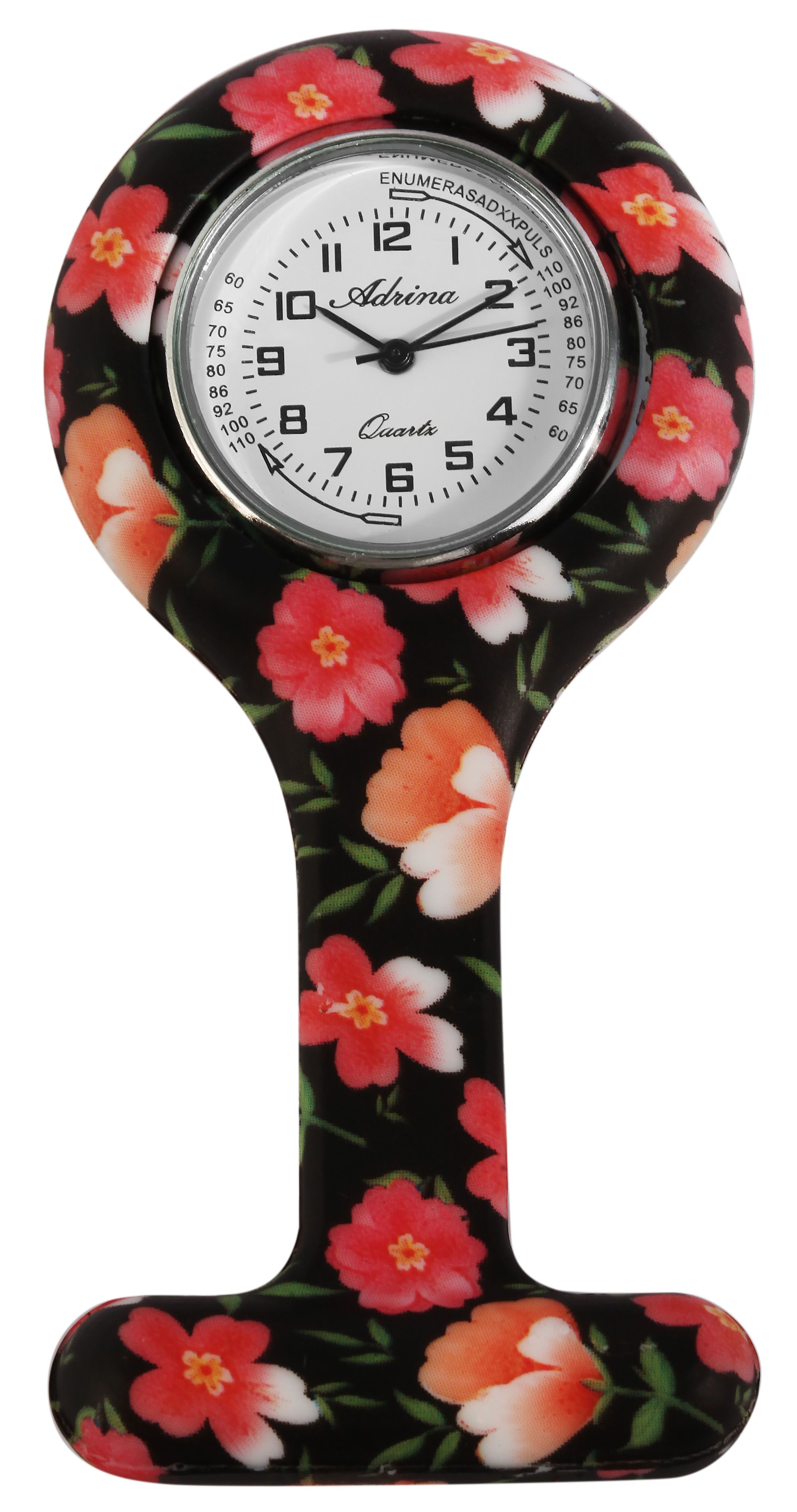 Adrina Krankenschwesteruhr aus Silikon mit Blumenmotiven, schwarz/ rot
