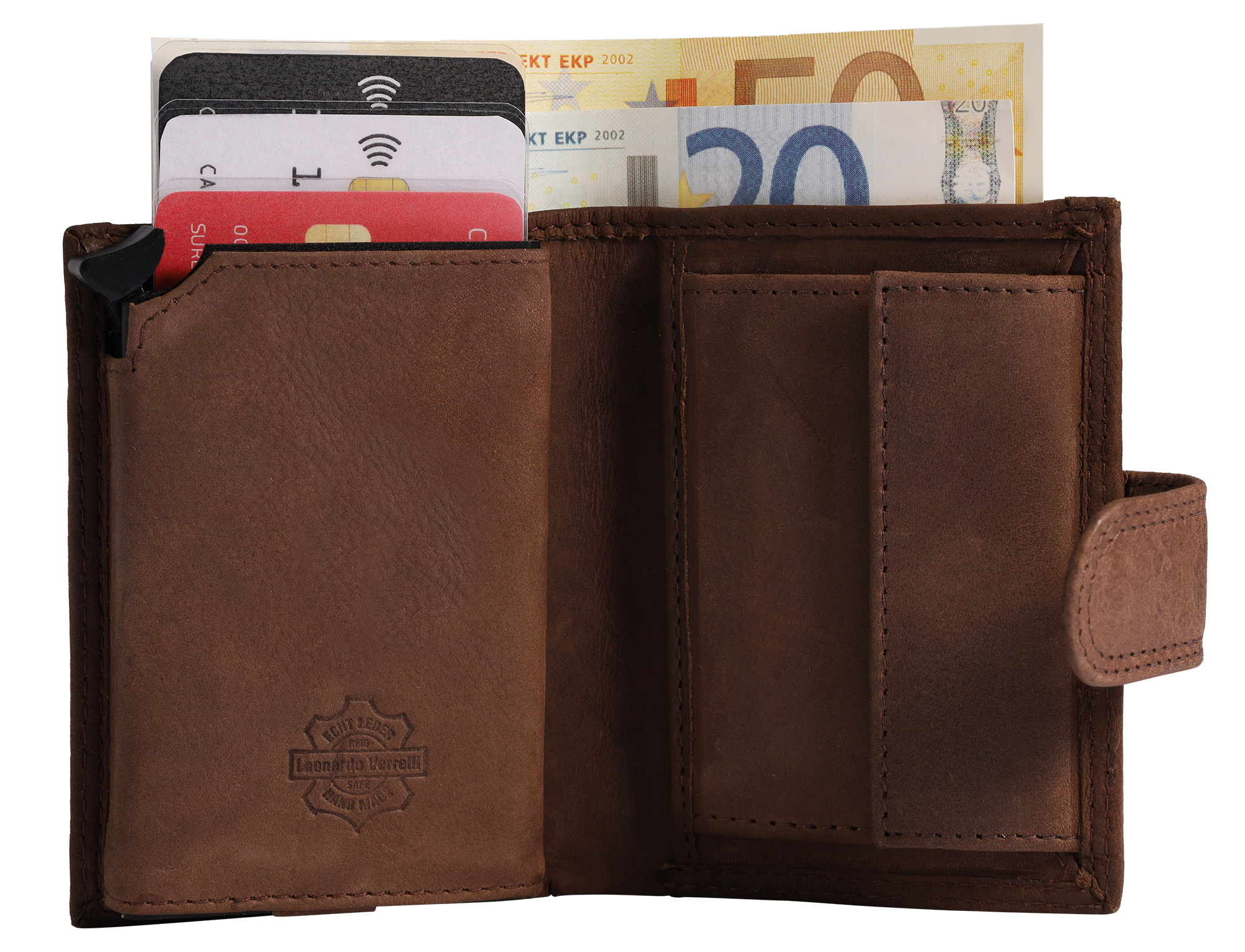 Leonardo Verrelli Echtleder (vintage) Geldbörse mit Pop-up-Kartenhalter, RFID, dunkelbraun